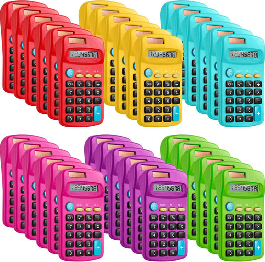 36 Packs Pocket Size Mini Calculator Basic Calculators for Handheld Angled Students 8 Digit Display Solar Battery Dual Power Small Calculator for Students Kids Home Office (6 Colors)