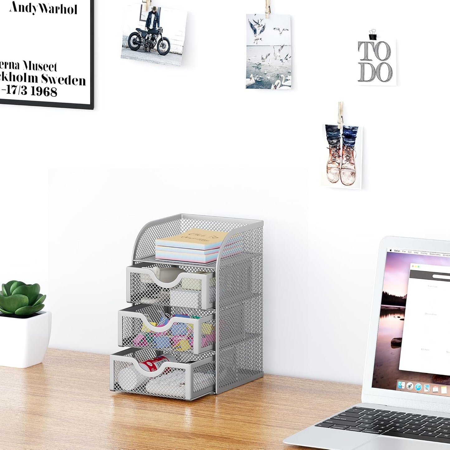 EasyPAG Mesh Desk Organizer with 3 Drawer Office Desktop Organizers and Accessories Stationery Caddy for Office, Home, Students, Silver