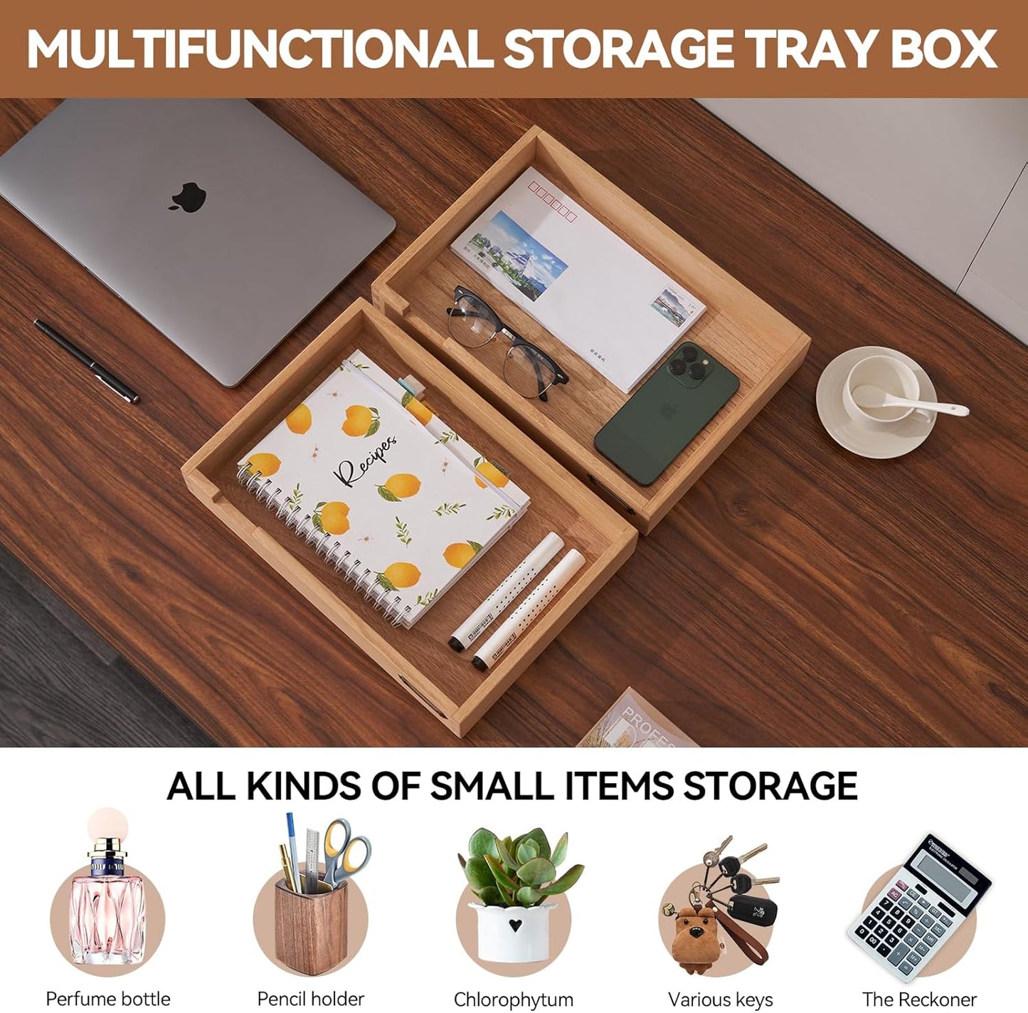 KIRIGEN Wood Desk Organizer Set of 2 Stackable Paper Tray Desktop Document Storage Wooden Letter Trays 2TTP-NA