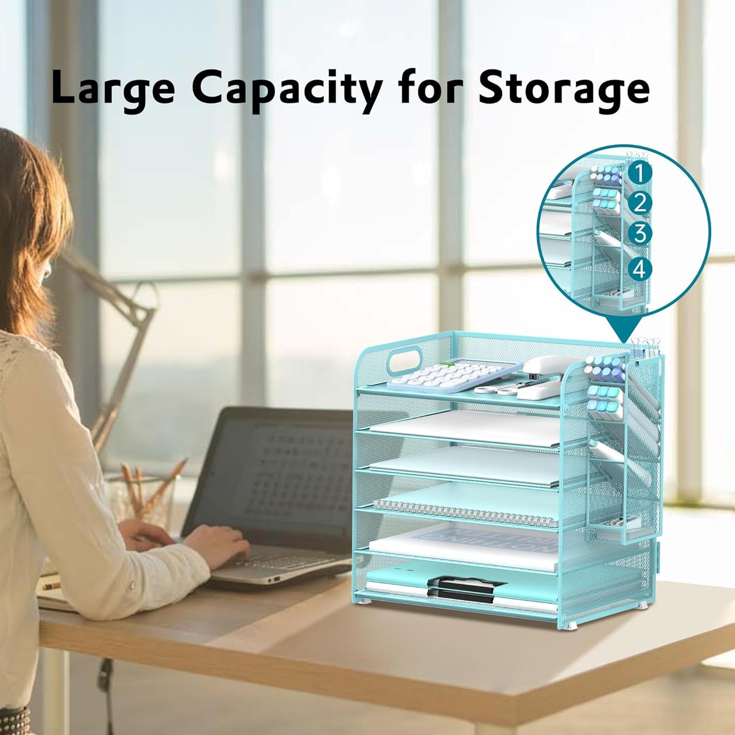 SUPEASY 6 Tier Paper Organizer with 4 Pen Holders, Mesh Letter Tray with Handle, A4 File Organizer, Blue