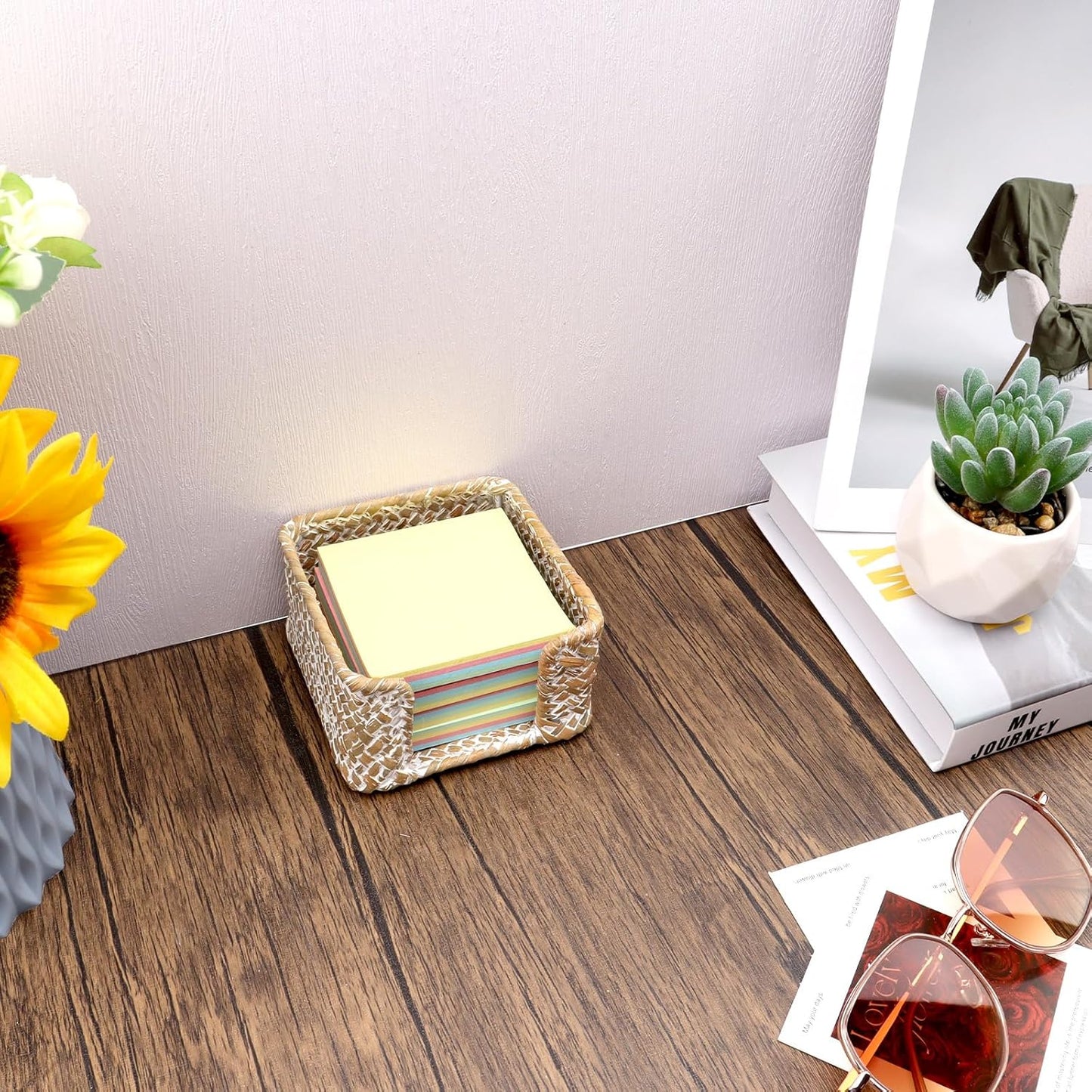 Sticky Note Holder Seagrass Post It Note Dispenser, 3 x 3 Inch Woven Sticky Note Dispenser, Farmhouse Post It Holder for Desk Home Office Decor, Whitewash