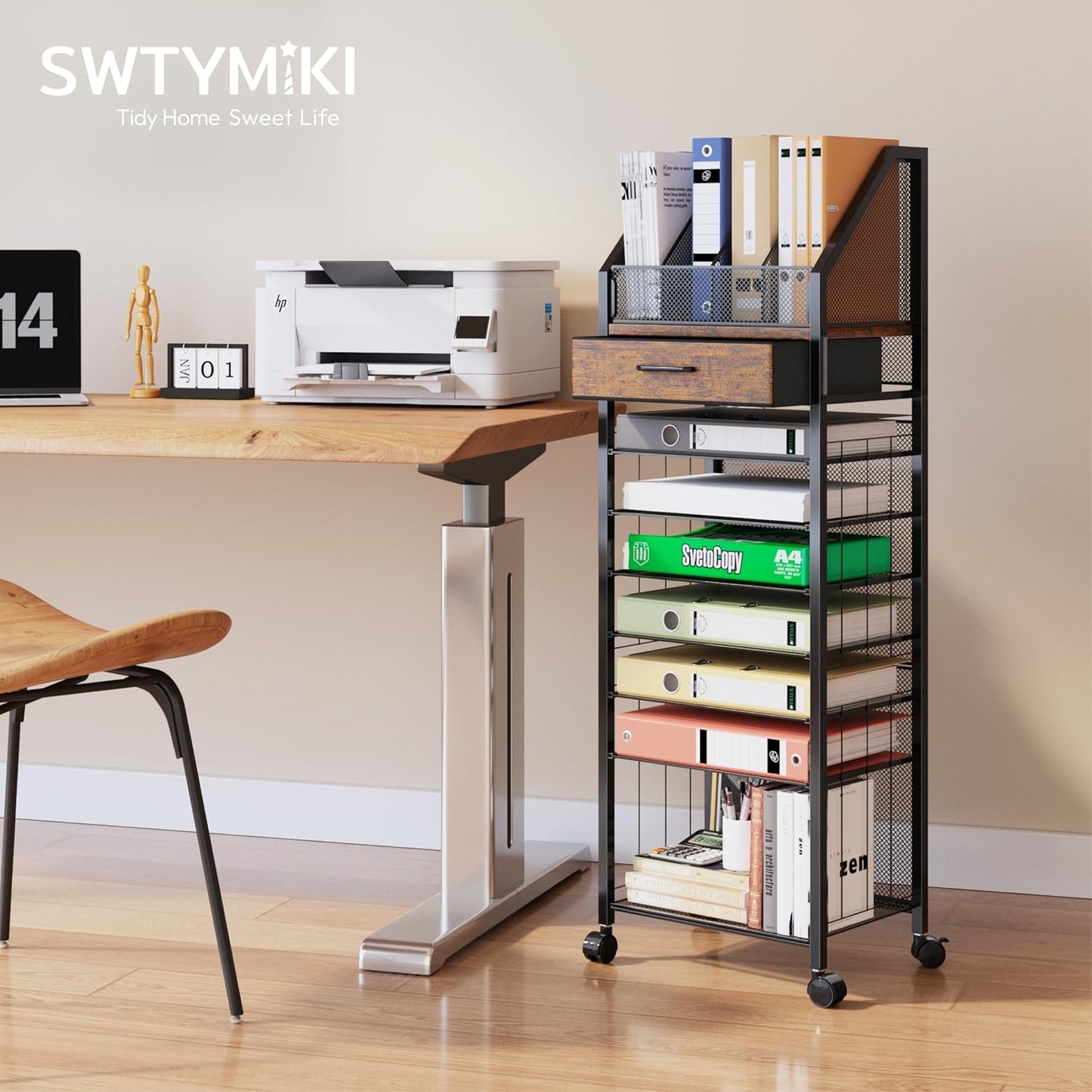 SWTYMIKI 9-Tier Rolling File Cart - Paper Organizer with Drawer and Trays, Wood Desk Office Organizer, Office Organization and Binder Storage for Workspace, Home, School, Espresso