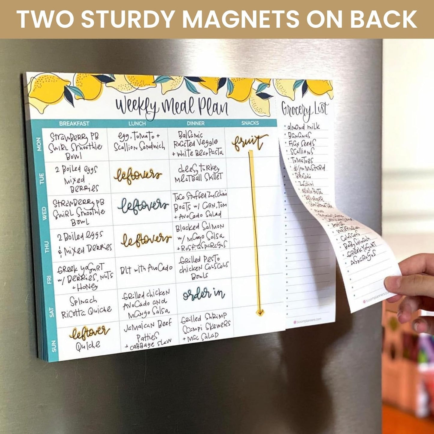 bloom daily planners Horizontal Weekly Magnetic Meal Planning Pad for Fridge with Tear-Off Grocery Shopping List - Hanging Food/Menu Organizer Notepad with Magnets - 8.5” x 11” - Lemons