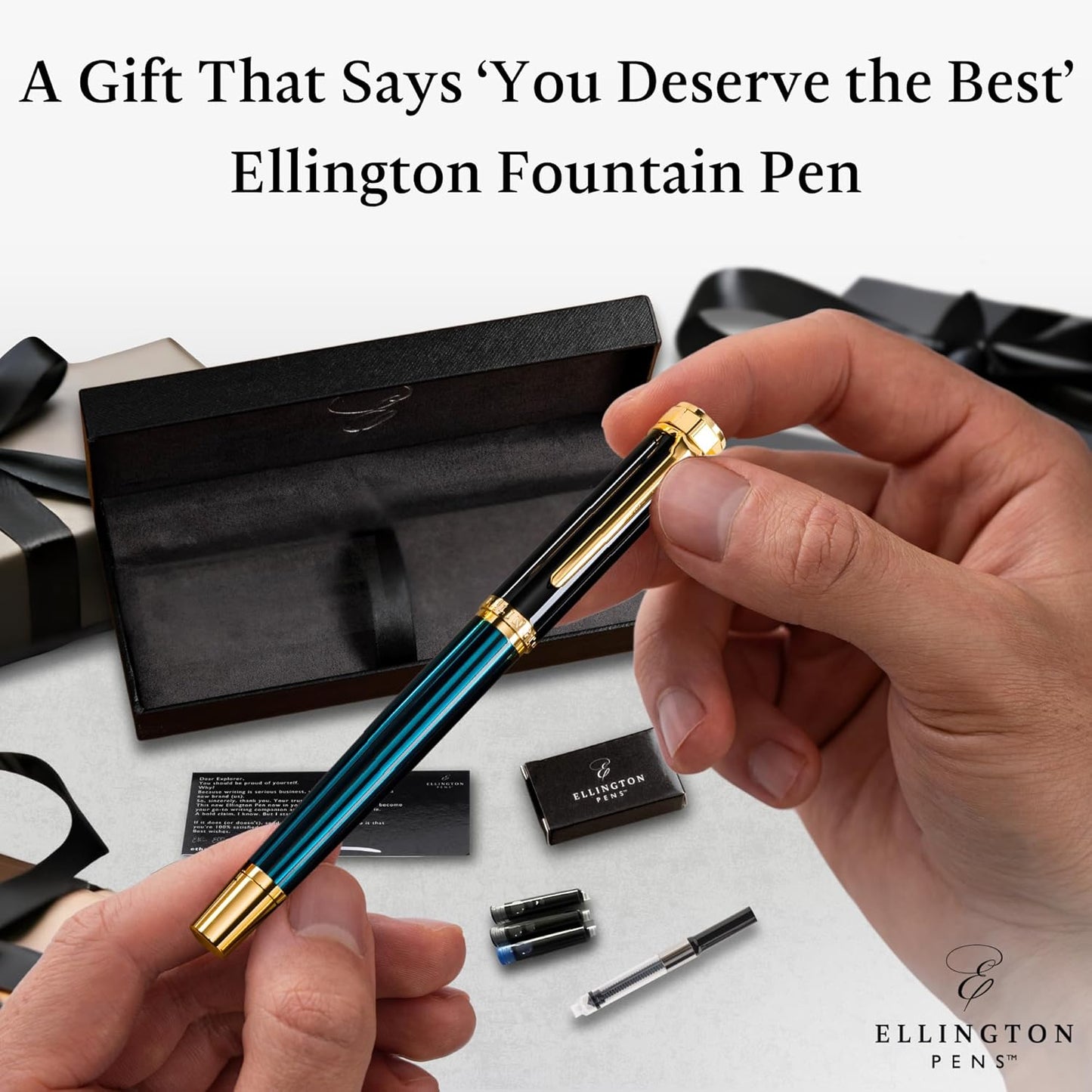 Ellington Pens Luxury Fountain Pen Set - Smooth Medium Nib - Includes 3 Ink Cartridges, Refillable Ink Converter, Gift Box -Fountain Pens For Writing, Calligraphy, Journaling, Sketching (Urban Hunter)
