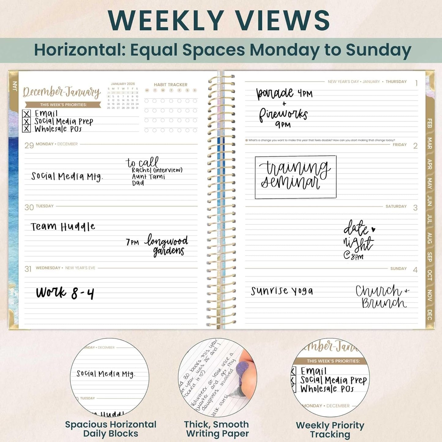 bloom daily planners HARDCOVER 2026 Planner (January to December) - 8.5” x 11” Weekly & Monthly Dated Agenda Organizer Book with Stickers & Tabs - Coastal Calm