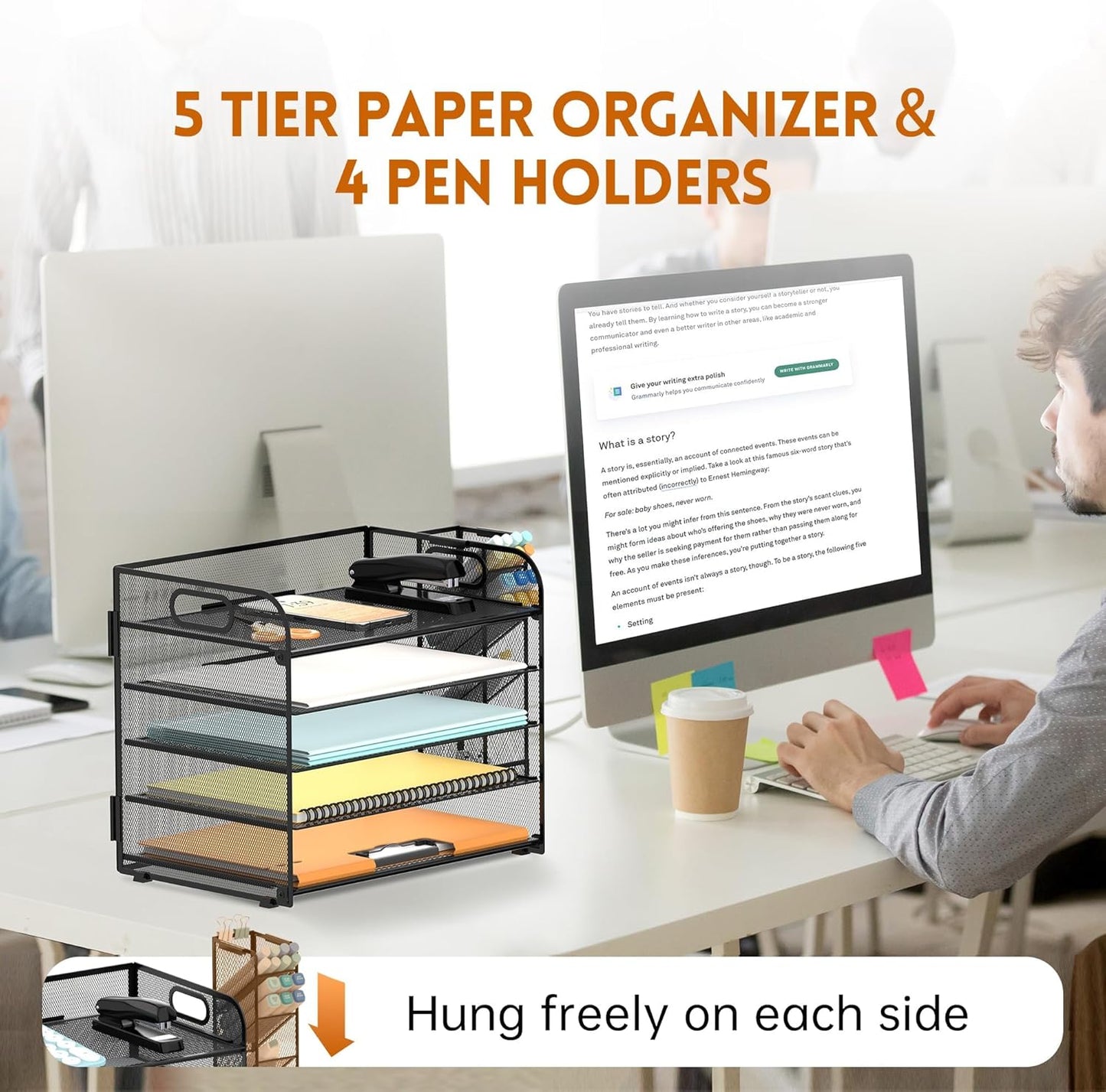 SUPEASY 2 Pack 5 Tier Desk Organizer with Handle & Removable Pen Holders, Mesh Paper/File Organizer for Desk Office Supplies,Black