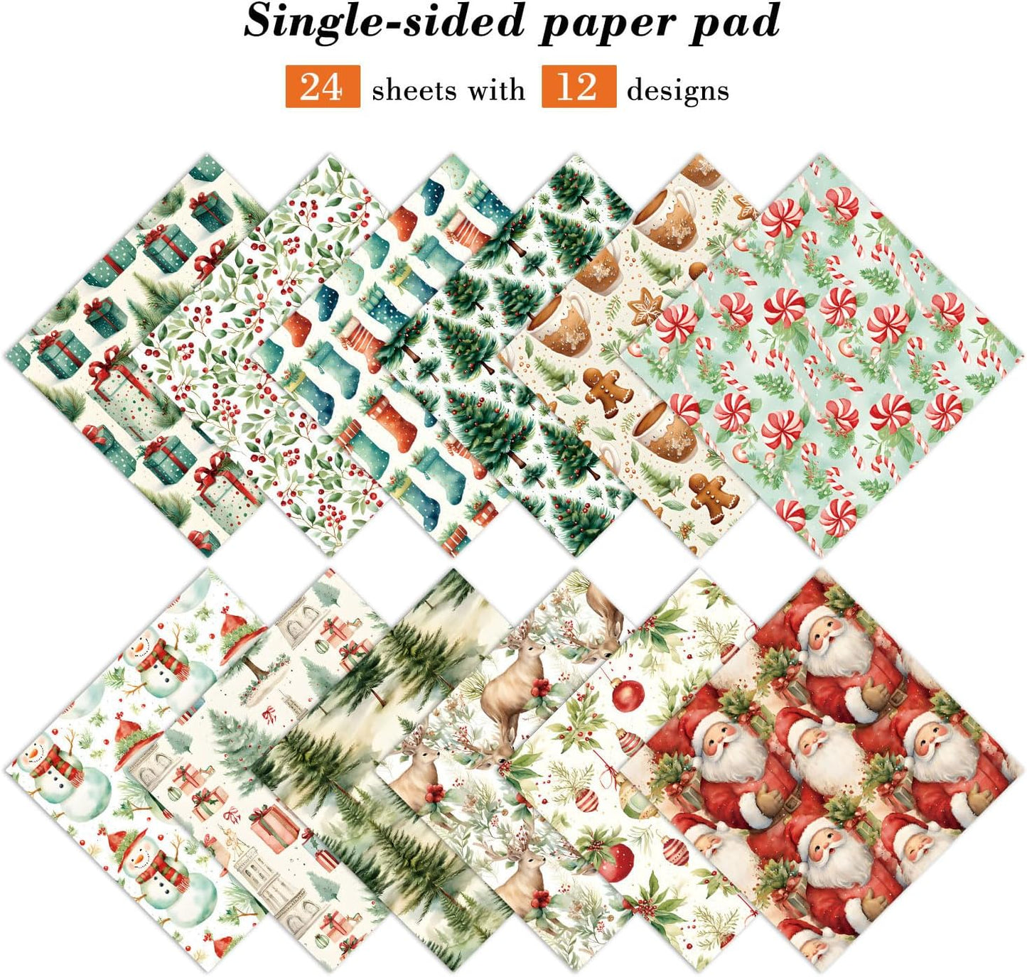 Christmas Scrapbook Paper Pad 6''x 6'' - 24 Sheets Santa Claus Snowman Patterned Designed Decorative Decoupage Folded Card Material DIY Crafts Wrapping Planners Journals Photo Album