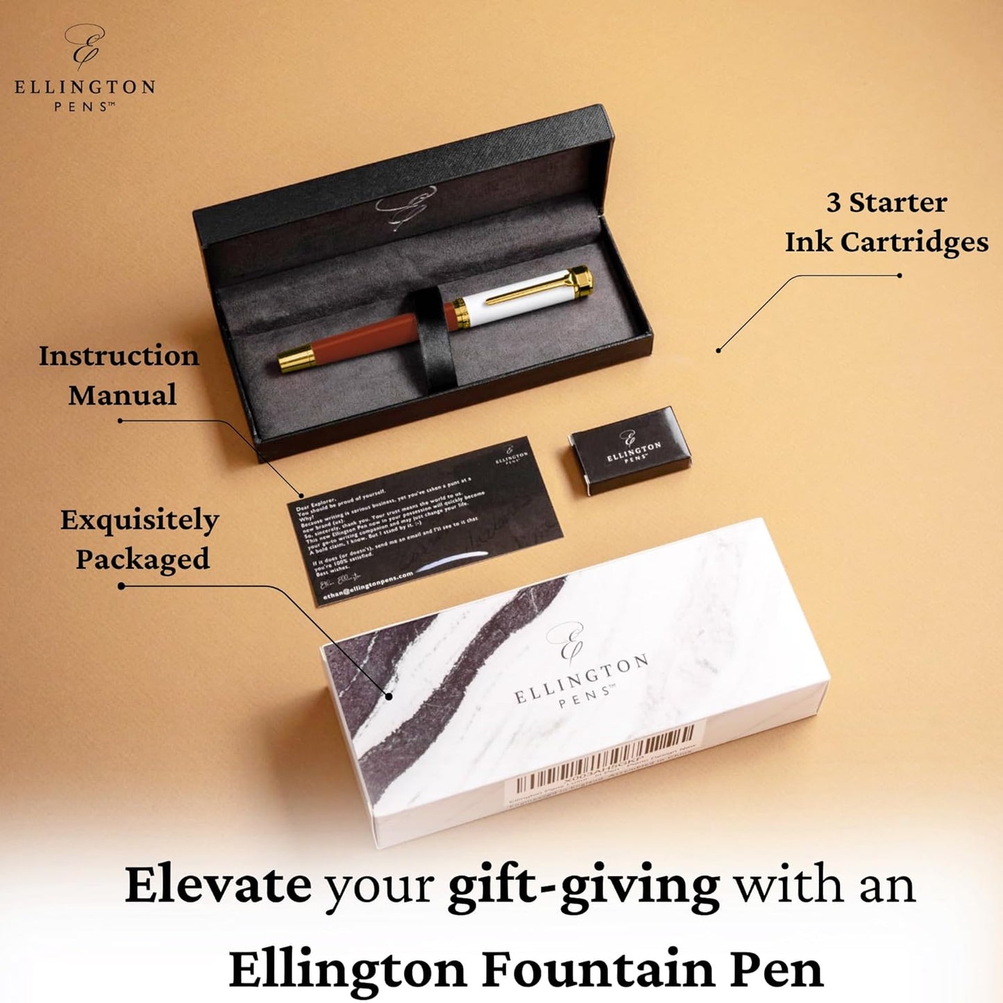 Ellington Pens Luxury Fountain Pen Set - Extra Fine Nib - Includes 3 Ink Cartridges, Refillable Ink Converter, Gift Box - Fountain Pens For Writing, Calligraphy, Journaling, Sketching (Ivory Suede)
