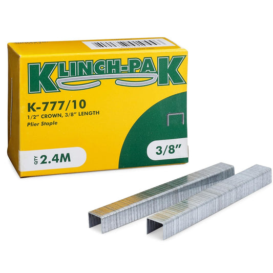 K-777/10 3/8” Leg by 1/2" Wide Heavy-Duty Galvanized Plier Staples, 2400 Per Package, for stapling Trays, Lids, Bags, Header Cards, Fastening End Caps and Container Inserts