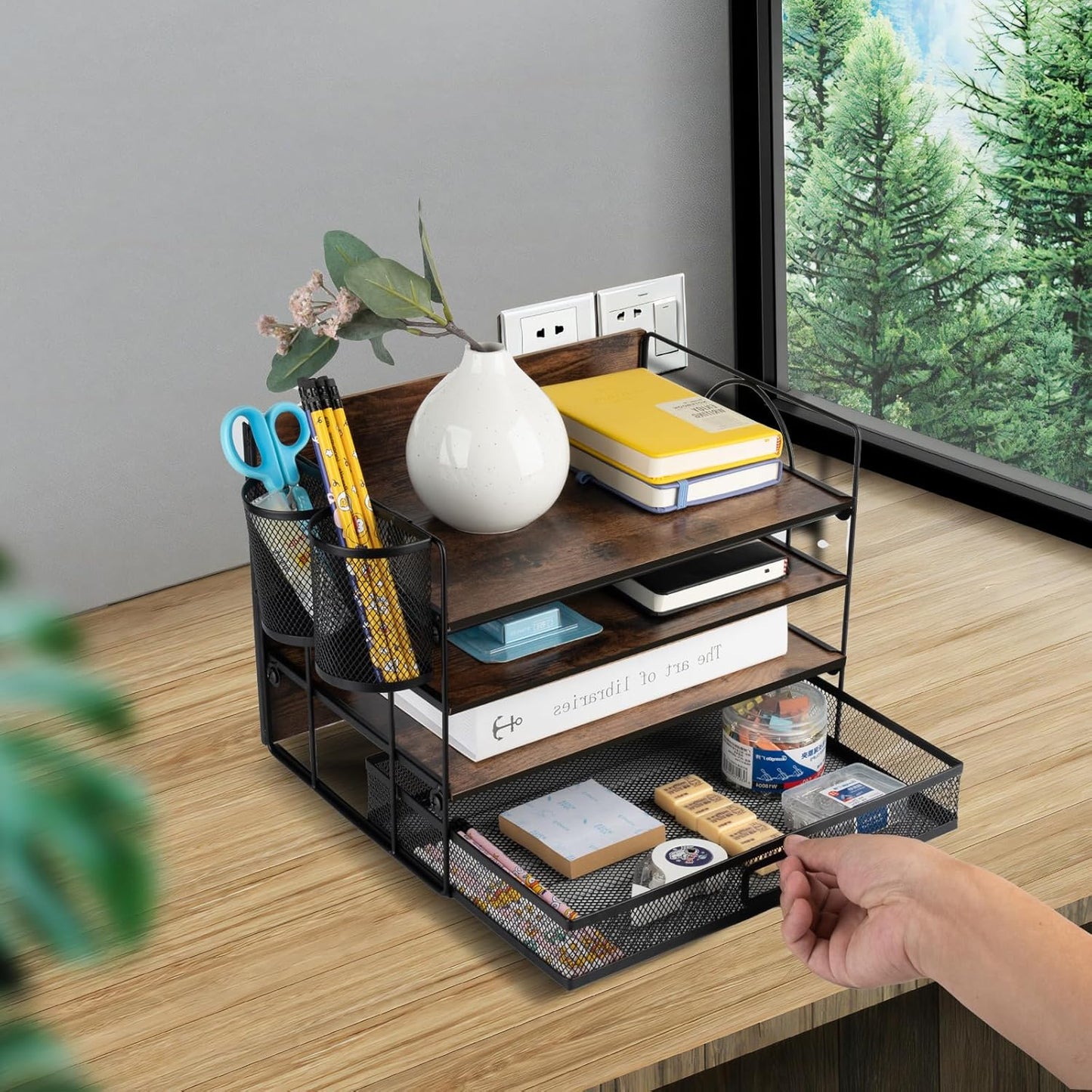 4 Tier Desk Organizers and Accessories, Paper Letter Tray Organizer,Vintage Wood Desk File Organizer with Drawer and 2 Pen Holders for School Home Office Supplies
