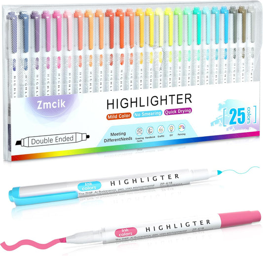Double Ended Highlighters with Soft Chisel Tip, 25-Pack Quick Dry Assorted Colors, Pastel Highlighters Set for School/Office Journaling, Bible Assorted Colors