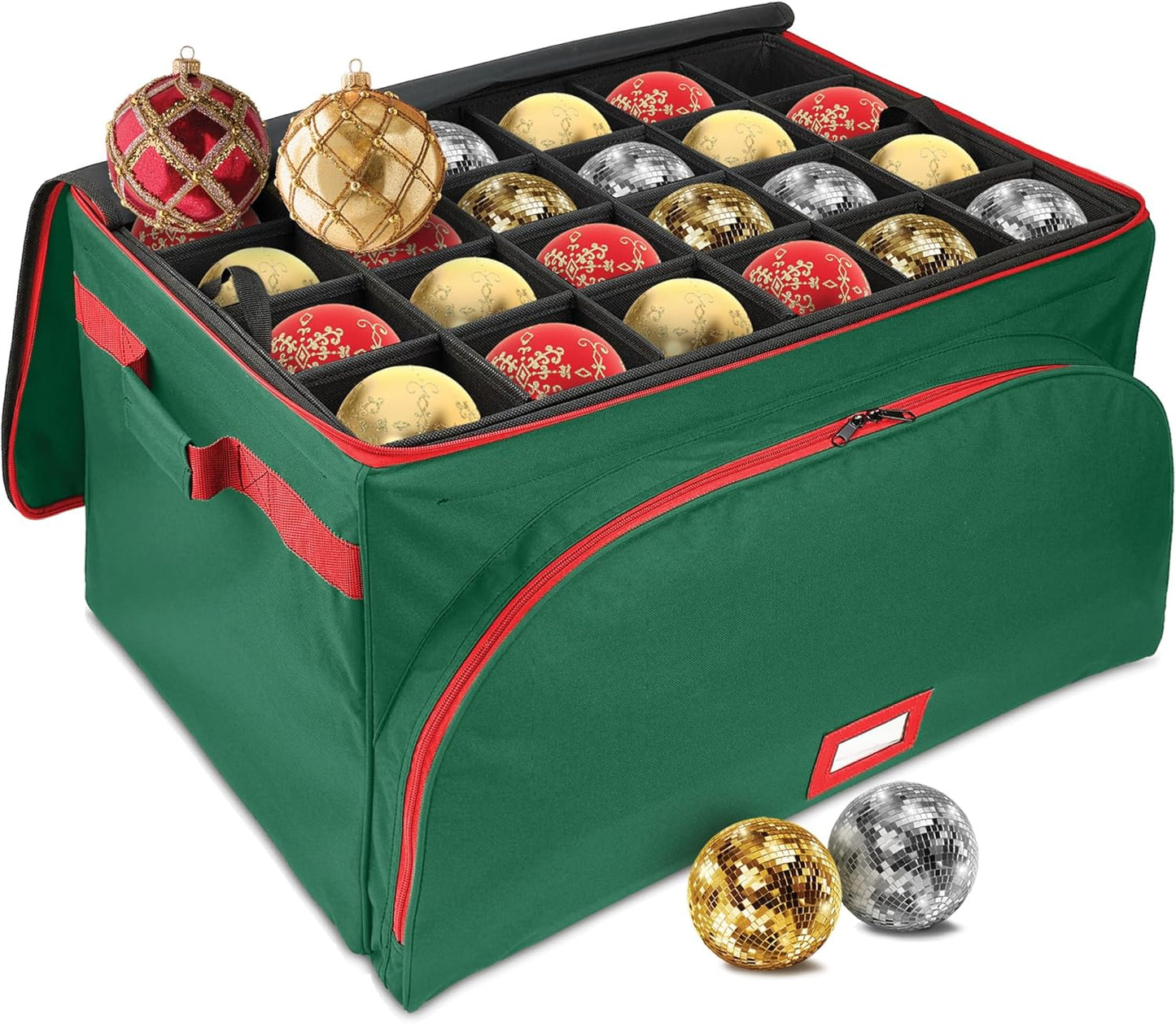HOLDN’ STORAGE Premium Christmas Ornament Storage Container - Holds Up to 72-4” Ornaments Durable 600D Fabric - Adjustable Dividers - 3 Individual Trays - Metal Frame - Green