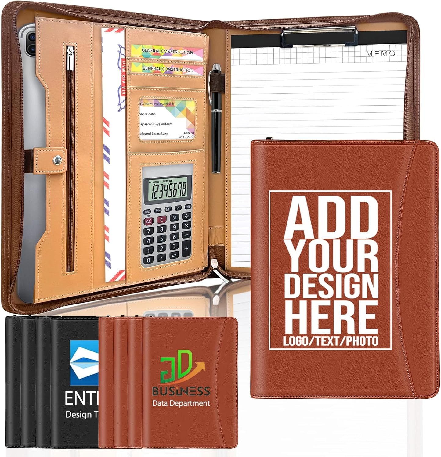 Personalized Portfolio with Zipper Logo Text Photo Custom Business Leather Folder Organizer with Clipboard Card Binder for Men Women Customized Padfolio for Gift Resume Interview Case Office