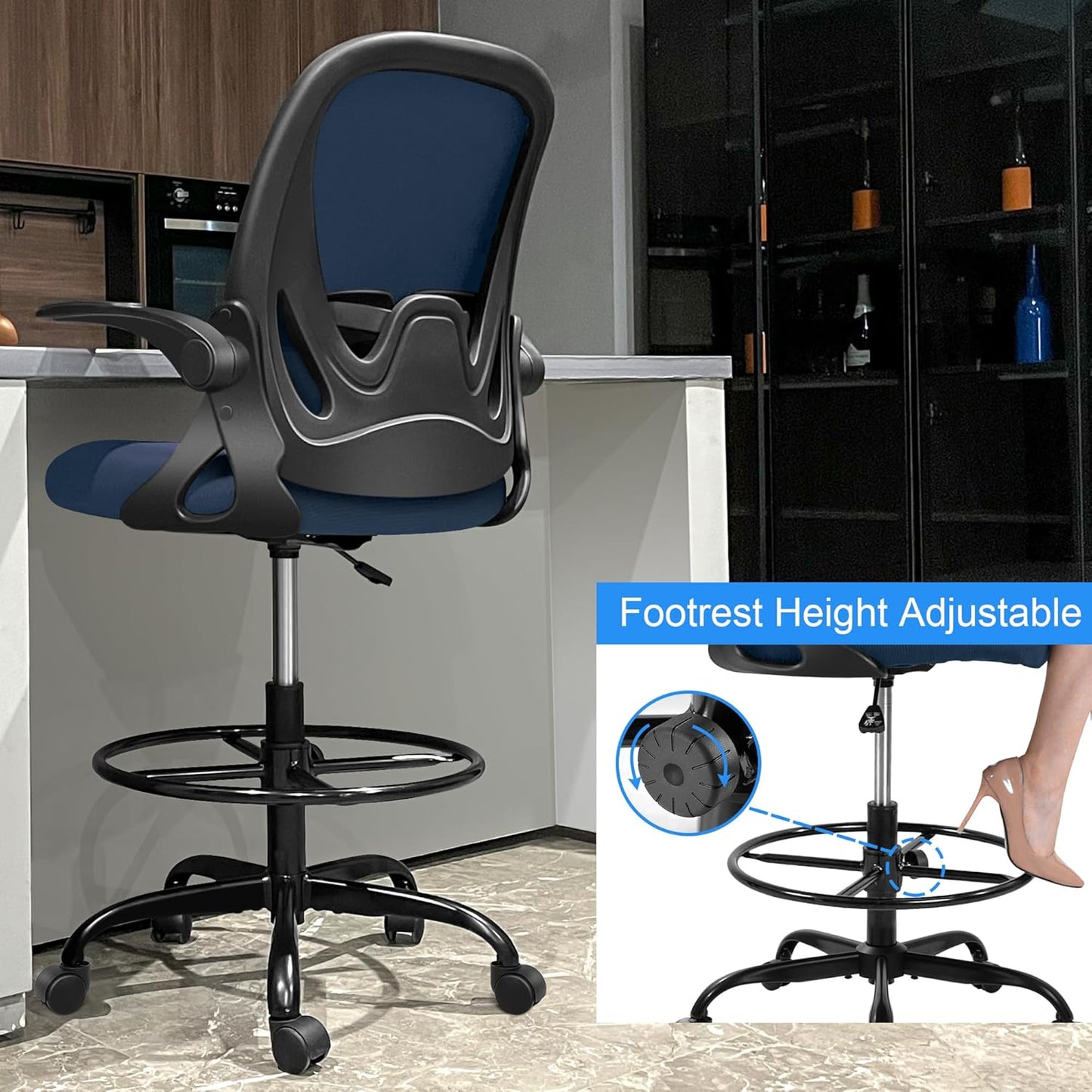 Primy Drafting Chair Tall Office Chair with Flip-up Armrests Executive Ergonomic Computer Standing Desk Chair with Lumbar Support and Adjustable Footrest Ring (Navy)