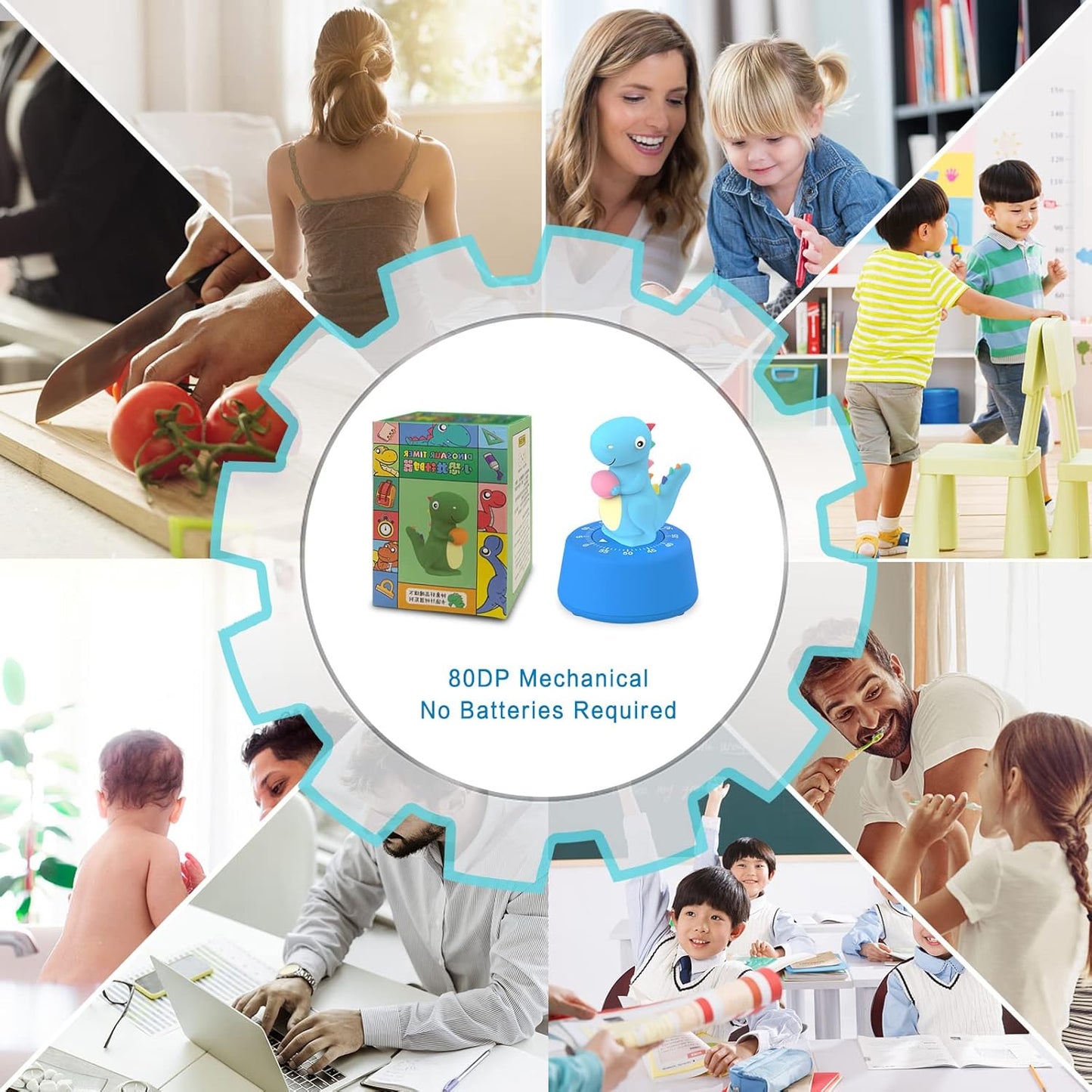 2 Pack Kitchen Timer, Cute Dinosaur Timer for Kids, 100% Mechanical Egg Timer for Cooking/Reading/Classroom/Do Sports.（Dinosaurs）