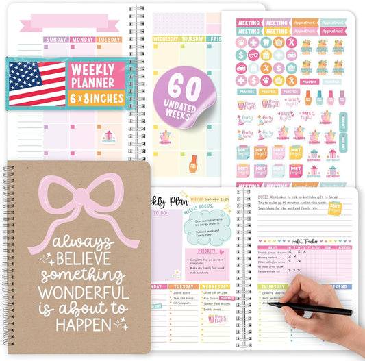 Undated Planner Weekly and Monthly - Spiral Undated Weekly Planner for Kids & Adults, Week Planners Habit Tracker, Goal Planners Notebook for Work, Agenda Planning Notebook