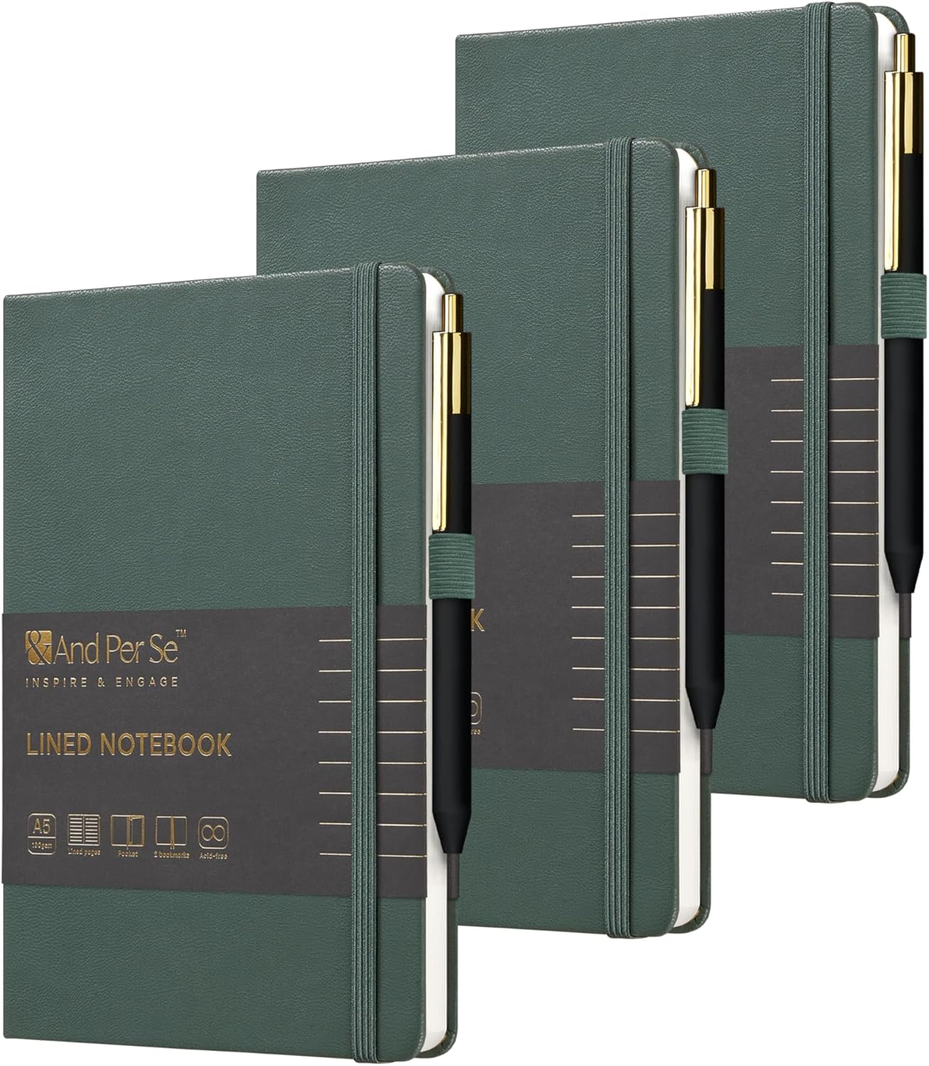 &And Per Se Lined Journal and Pen Set (3 packs), A5 Leather Journal Stationery Set, 160 Pages 100GSM Thick Paper, Notebook Gift Set (Green)