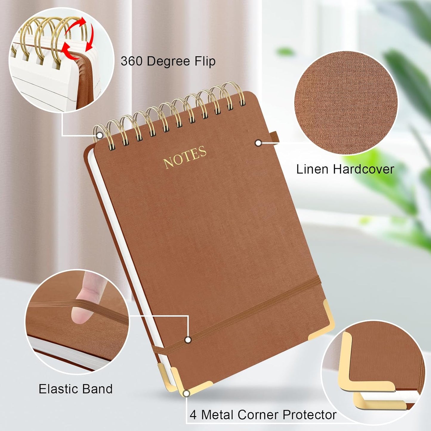 Aesthetic Top Spiral Notebook, A5 Linen Hardcover Top Bound Steno Pads, 240 Pages 100gsm Thick Lined Paper Left Handed Notebook Journal for Work, School, Church Writing - Brown, 5.9" x 8.5"