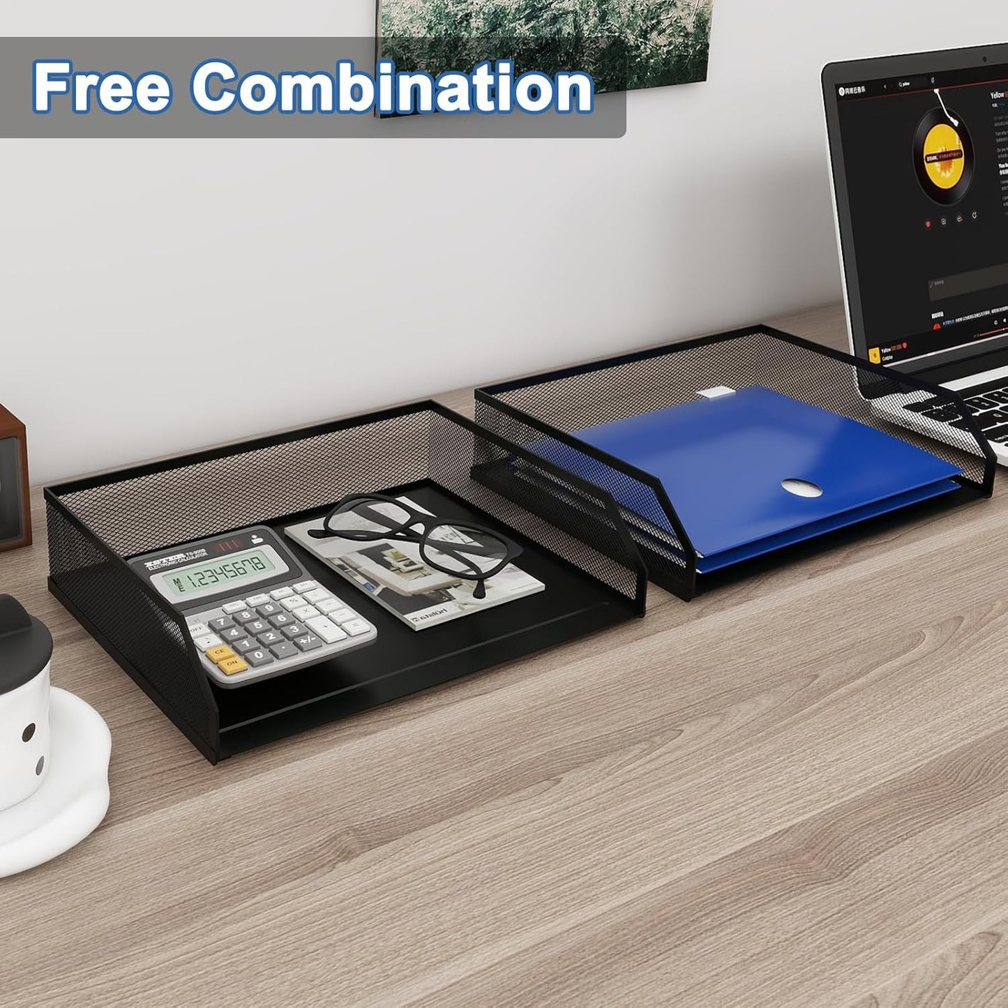 Natwind 2-Tier Stackable Paper Tray, Metal Mesh Desktop Organizer, A4 Paper Sorter, Letter Trays,File Folder Sorter Organizer with Sliding Tray for Home, Office, School (Black)