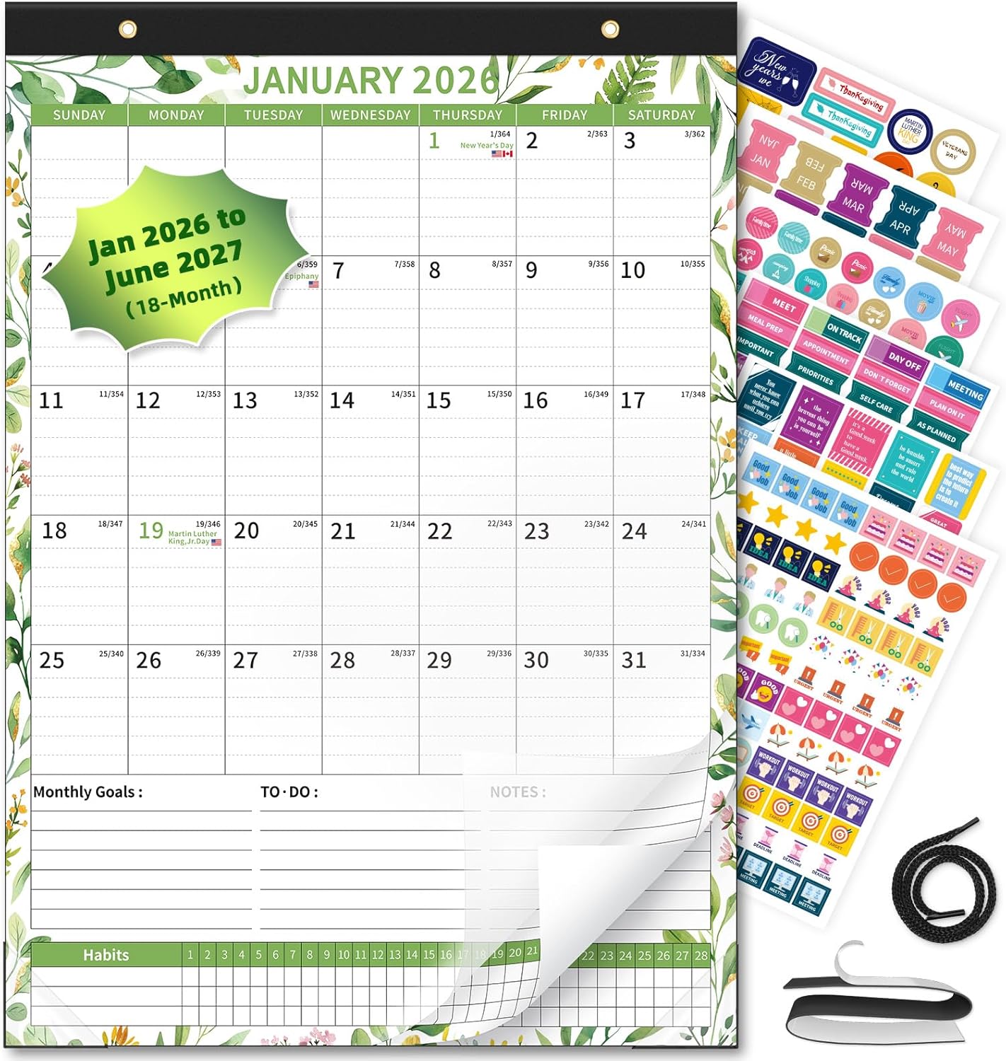 Ospelelf 2026 Wall Calendar 12'' x 17'', Magnetic Calendar for Refrigerator 2026-2027,18 Month Desk Calendar, Use Jan 2026 - June 2027, Green Plant