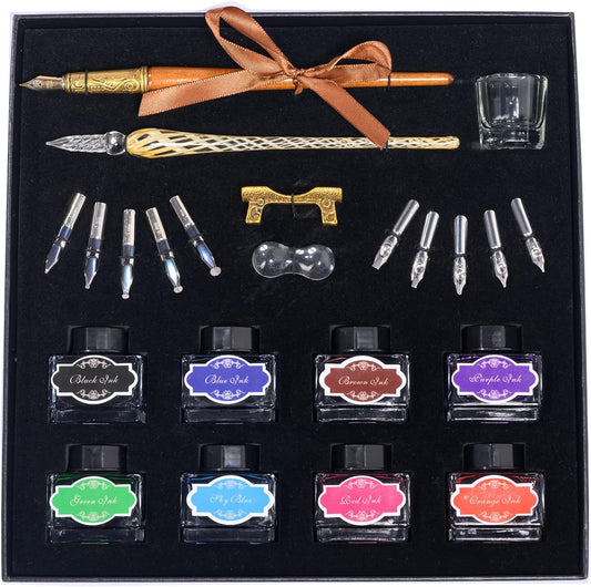 Calligraphy Pen Set，Vintage Fountain Wooden Glass Dip Pen Ink Writing Pen with 8 Colors of Ink 10 Types of Replaceable Nibs 2 Pen Holders Exquisite Present for Beginners