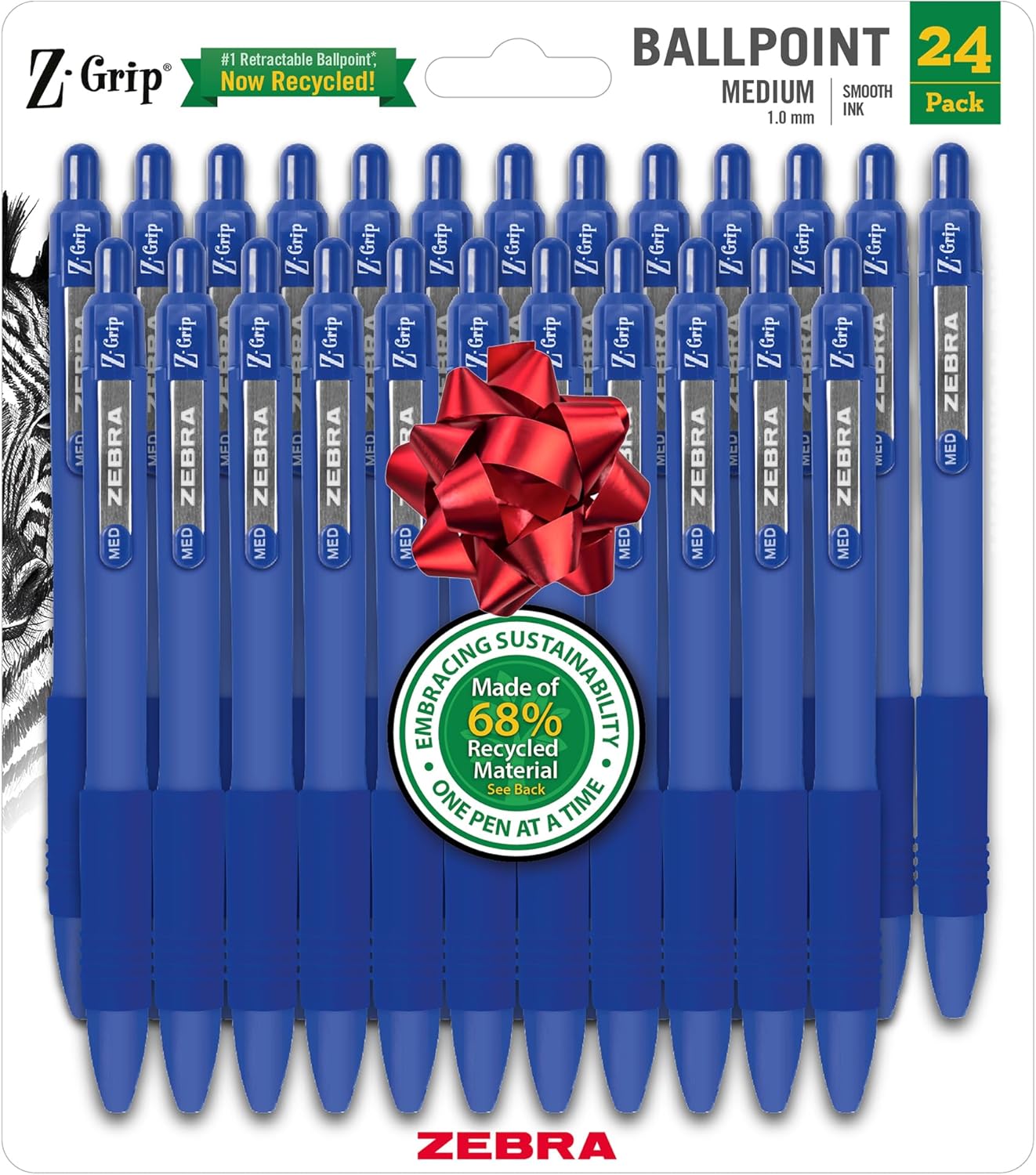 Zebra Pen Z-Grip Recycled Retractable Ballpoint Pens, 1.0mm, Blue Ink, Durable Metal Clip, 68% Recycled (GRS Certified; Global Recycled Standards), 24-Pack (20324)