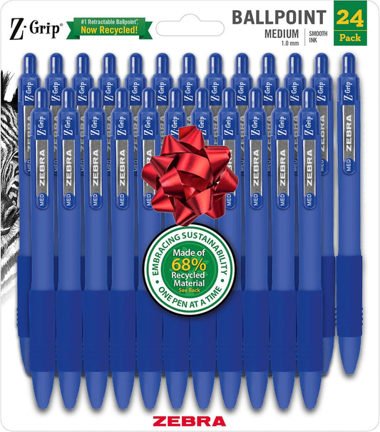 Zebra Pen Z-Grip Recycled Retractable Ballpoint Pens, 1.0mm, Blue Ink, Durable Metal Clip, 68% Recycled (GRS Certified; Global Recycled Standards), 24-Pack (20324)