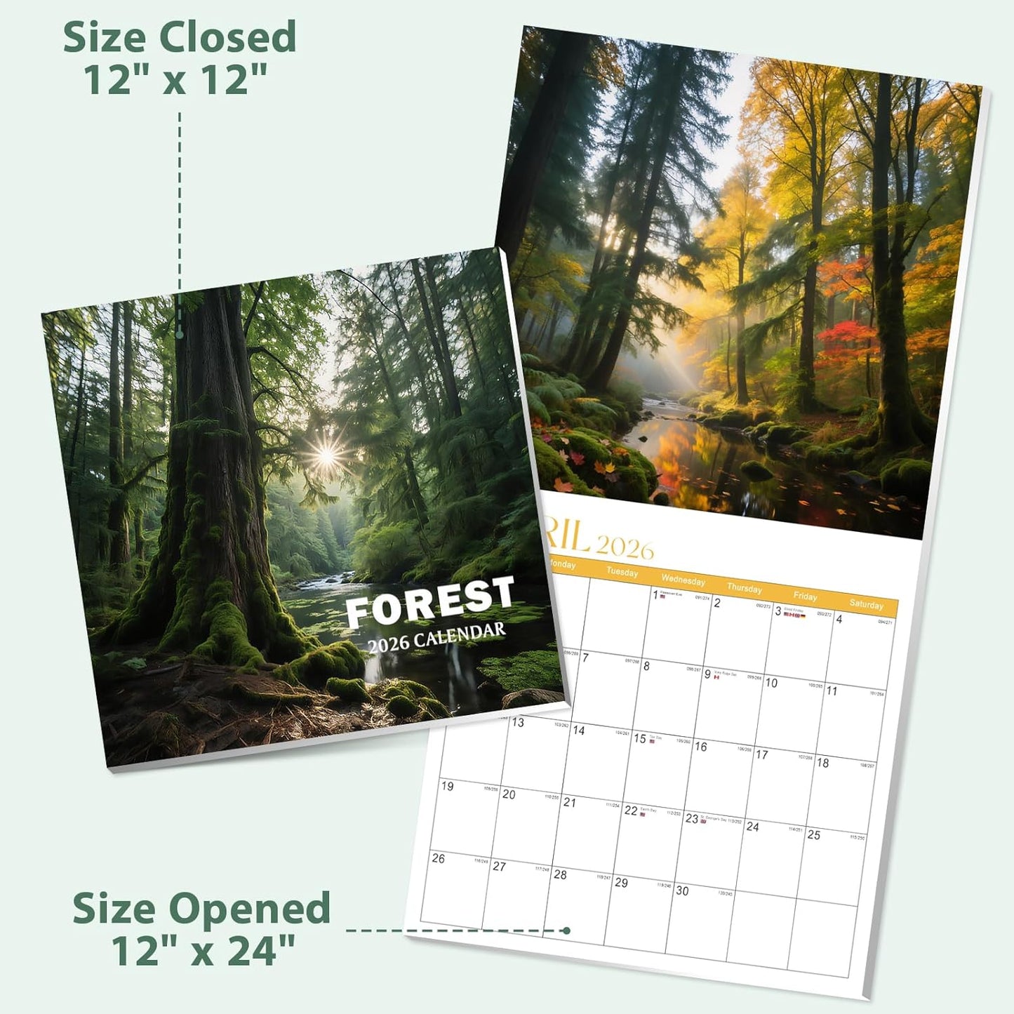 2026 Calendar, 2026 Wall Calendar, Monthly Calendars 12 Month Forest 12" x 24" Opened, Thick Glossy Paper for Organizing Planning, Ideal for Home Office