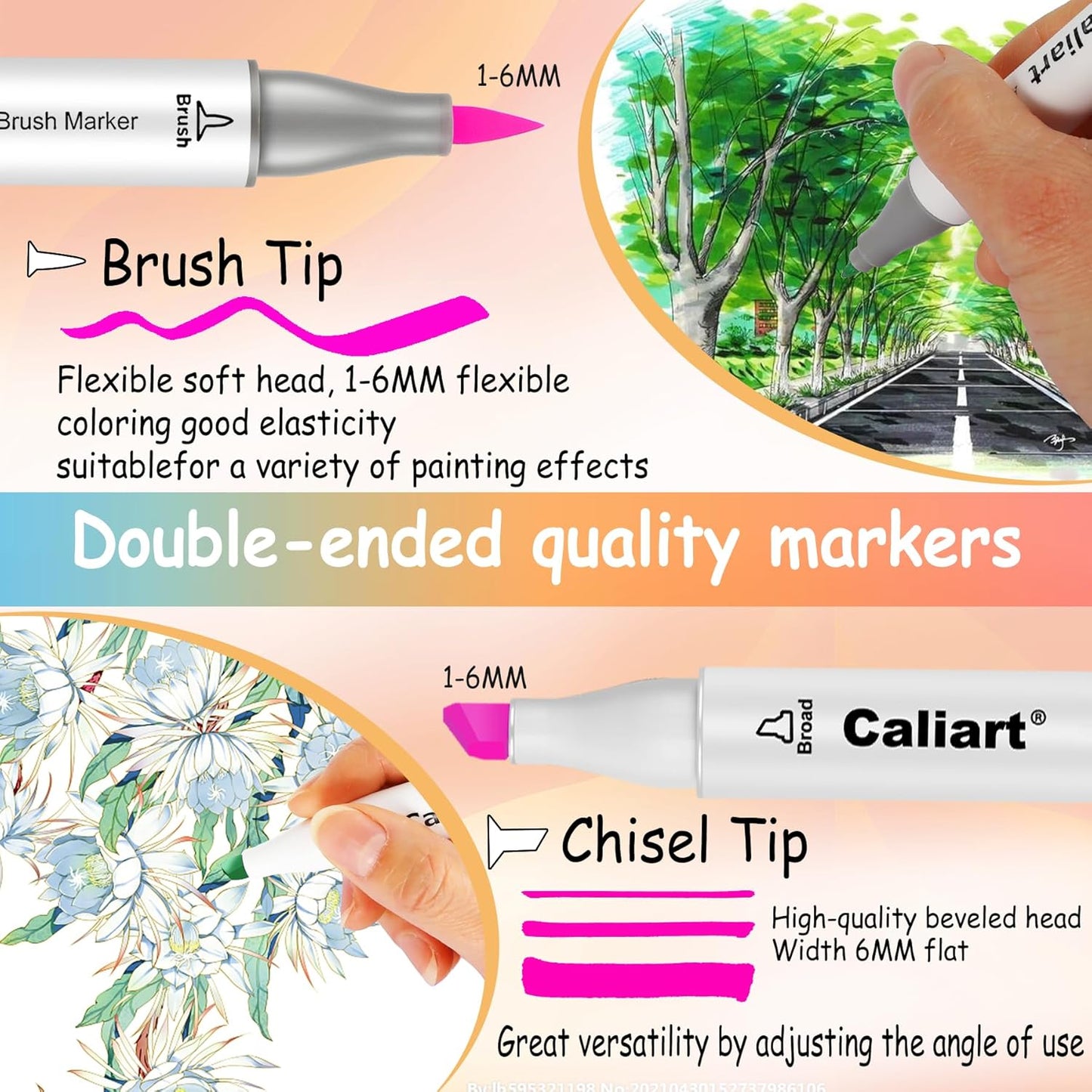 Caliart Alcohol Markers Brush Tip, 51 Colors Dual Tip Artists Coloring Markers Set Brush & Chisel, Permanent Alcohol Based Colored Sketch Pens, Art Supplies Gifts for Adults Drawing Illustration