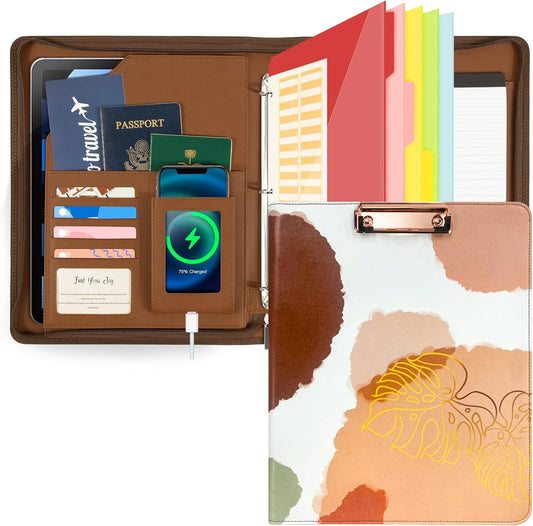 Ospelelf Leather Clipboard with Storage, Zippered Padfolio Portfolio Organizer, 3 Ring Binder 1 Inch, Notepad, Tablet Sleeve, 5 Dividers with Pocket for Office, Nurses, Students, Teachers Brown