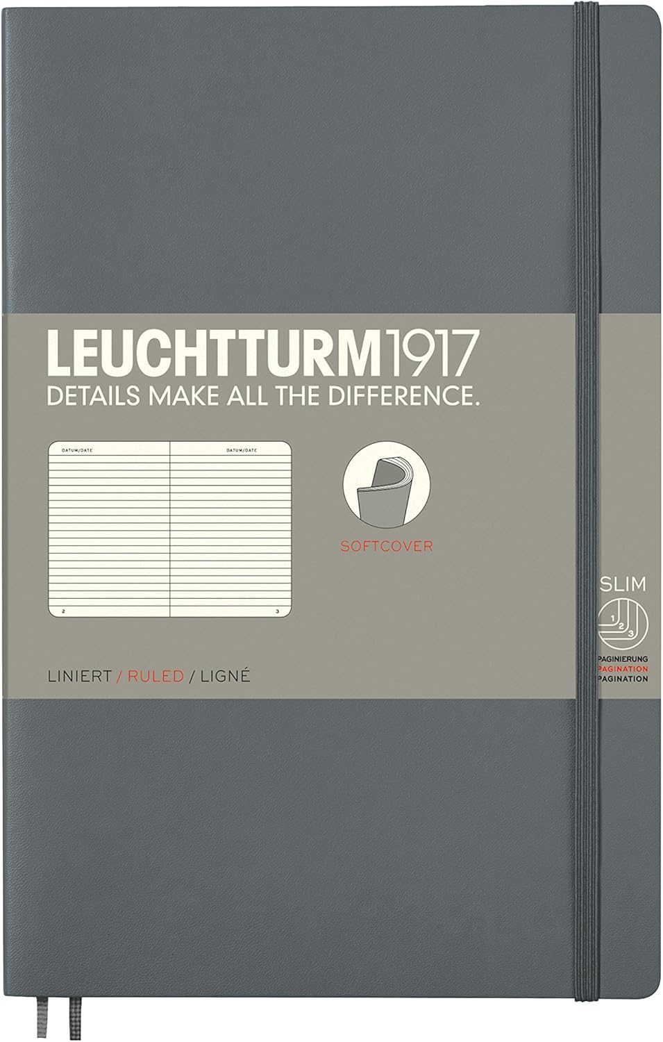 LEUCHTTURM1917 - Notebook Softcover Pocket A6-123 Numbered Pages for Writing and Journaling (Ruled, Anthracite)