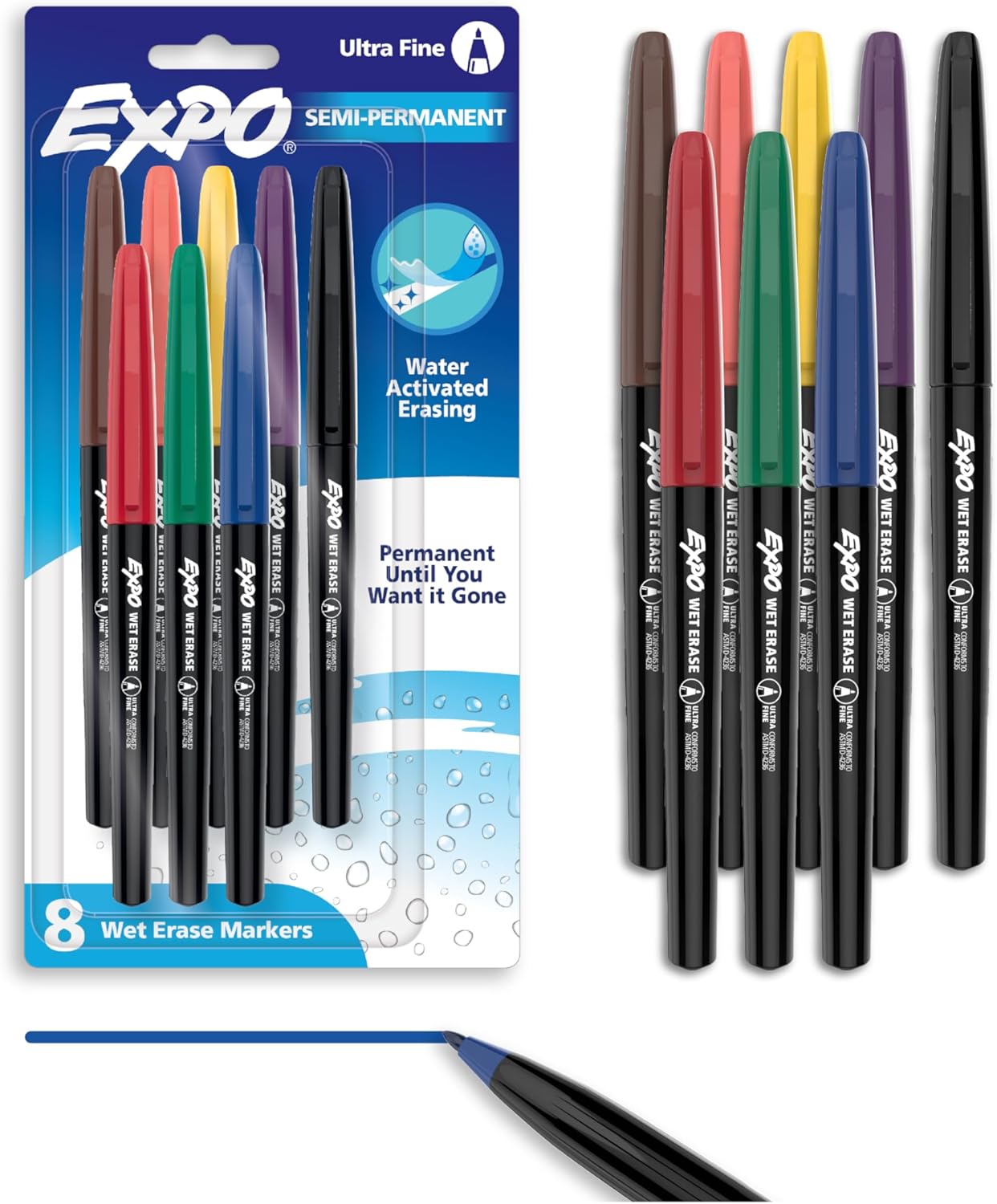 EXPO Wet Erase Markers, Semi-Permanent, Assorted Colors, Ultra Fine Tip, 8 Count - For Writing on Glass, Whiteboards, Mirrors, Calendar, Labeling, Organizing