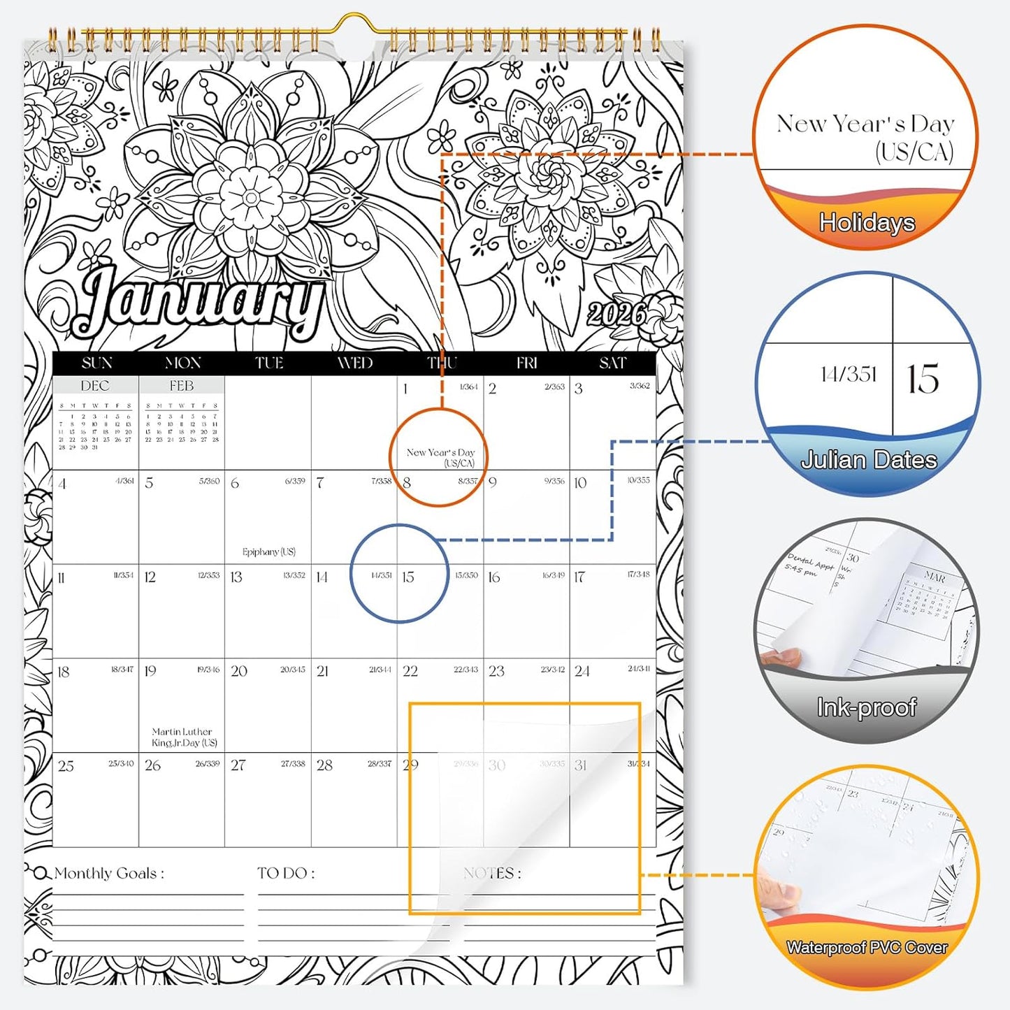 Ospelelf Wall Calendar 2026 - 2027 Hanging Coloring Calendar 12'' x 17'', Monthly Kids Calendars Planner with Plastic Cover, 18 Month Doodle Calendar for Family, Office, Use Jan 2026 - June 2027, Floral