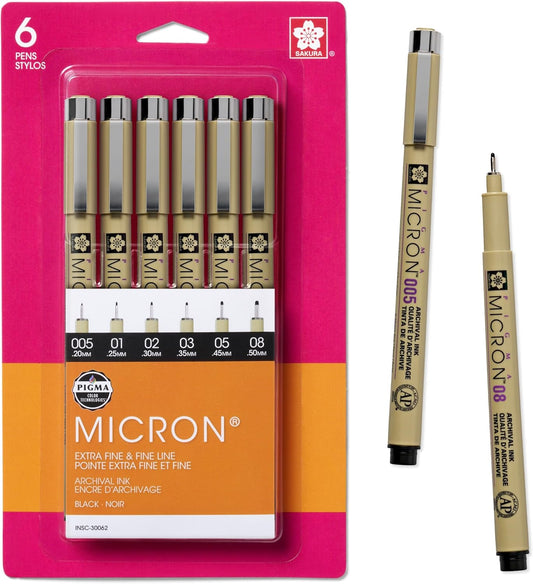 SAKURA Pigma Micron Fineliner Pens - Archival Black Ink Pens - Pens for Writing, Drawing, or Journaling - Assorted Point Sizes - 6 Pack
