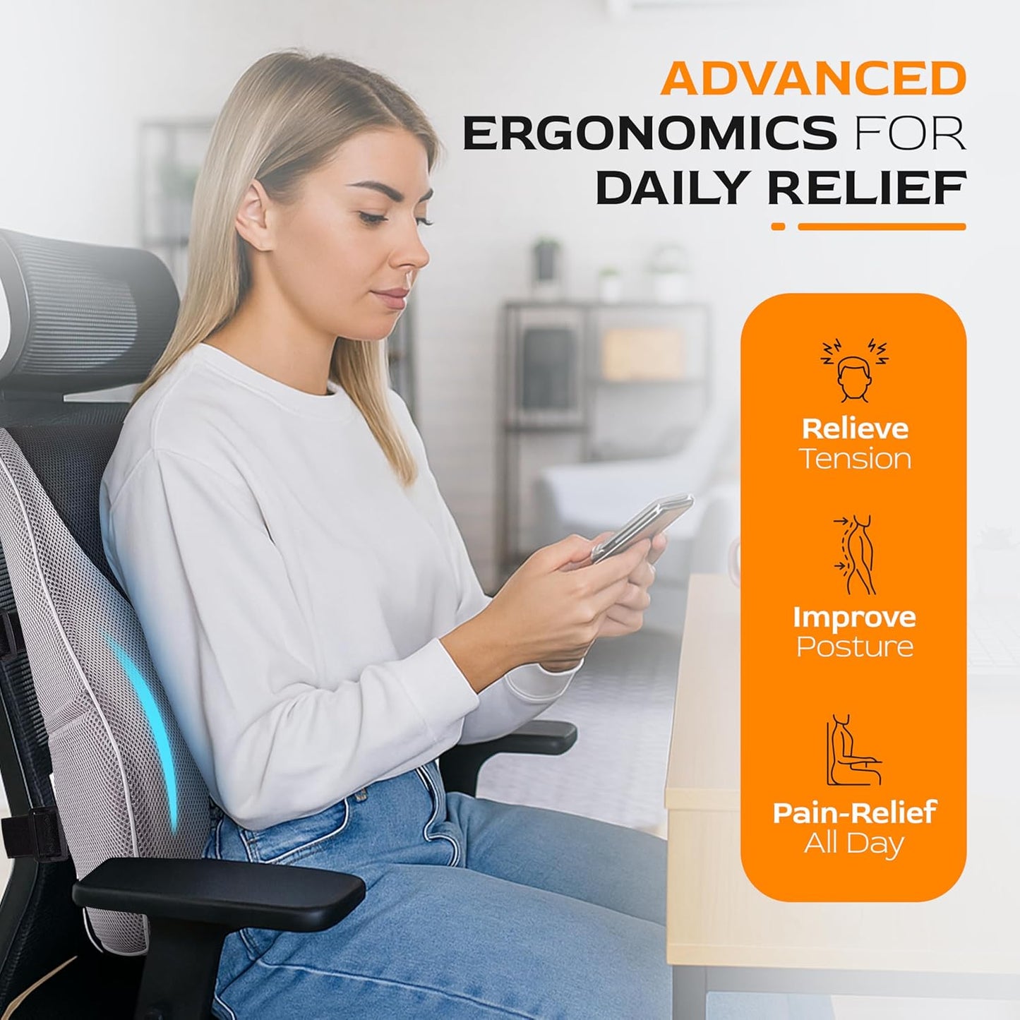 Extra Dense Lumbar Pillow with Double Adjustable Straps - Ergonomic Lumbar Support Pillow for Office Chair, Car, Couch Firm Back Support for Lower Back & Spine Pain Relief Memory Foam Cushion