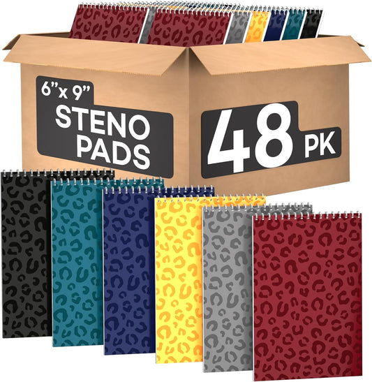 Steno Pads Spiral 6x9 Assorted Colors Notebooks for Work, 80 Sheets Top Spiral Notepad Stenographer Steno Books (48 Pack, Bold Colors)