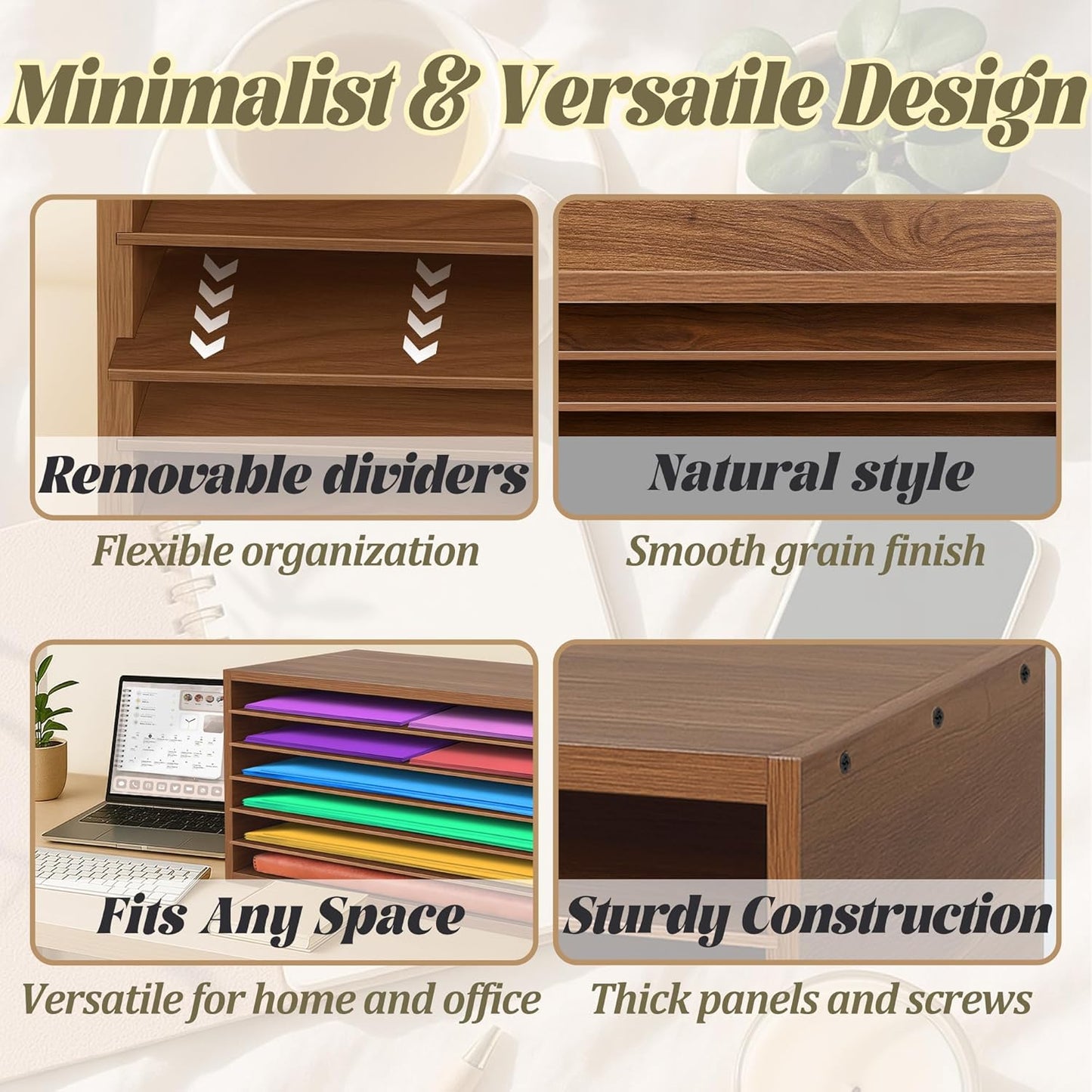 Prolee Construction Paper Organizer 20" x 13.5" x12.2",Soild Wooden Paper Organizer with 6-Tier Letter Trays, Desktop File Papers Sorter for Home, Classroom and Office (Walnut)