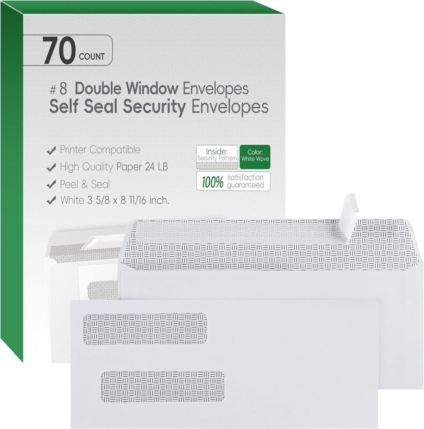 #8 Double Window Security Check Envelopes,70 Count Double Window Self Seal Security Envelopes,No.8 Double Window Bussiness Envelopes Designed for Checks/Tax Form/Invoices/Business Correspondence