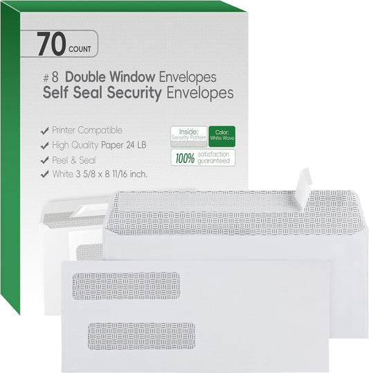 #8 Double Window Security Check Envelopes,70 Count Double Window Self Seal Security Envelopes,No.8 Double Window Bussiness Envelopes Designed for Checks/Tax Form/Invoices/Business Correspondence