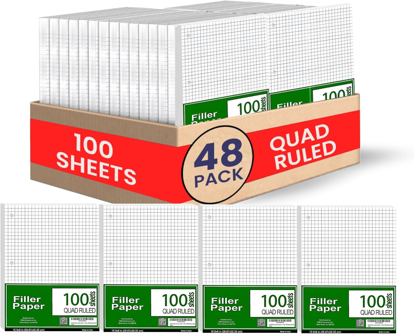 Loose Leaf Paper, Quad Ruled Filler Paper, Graph Paper, 4 square per Inch Quad Ruled 10.5” x 8”, 48 Packs