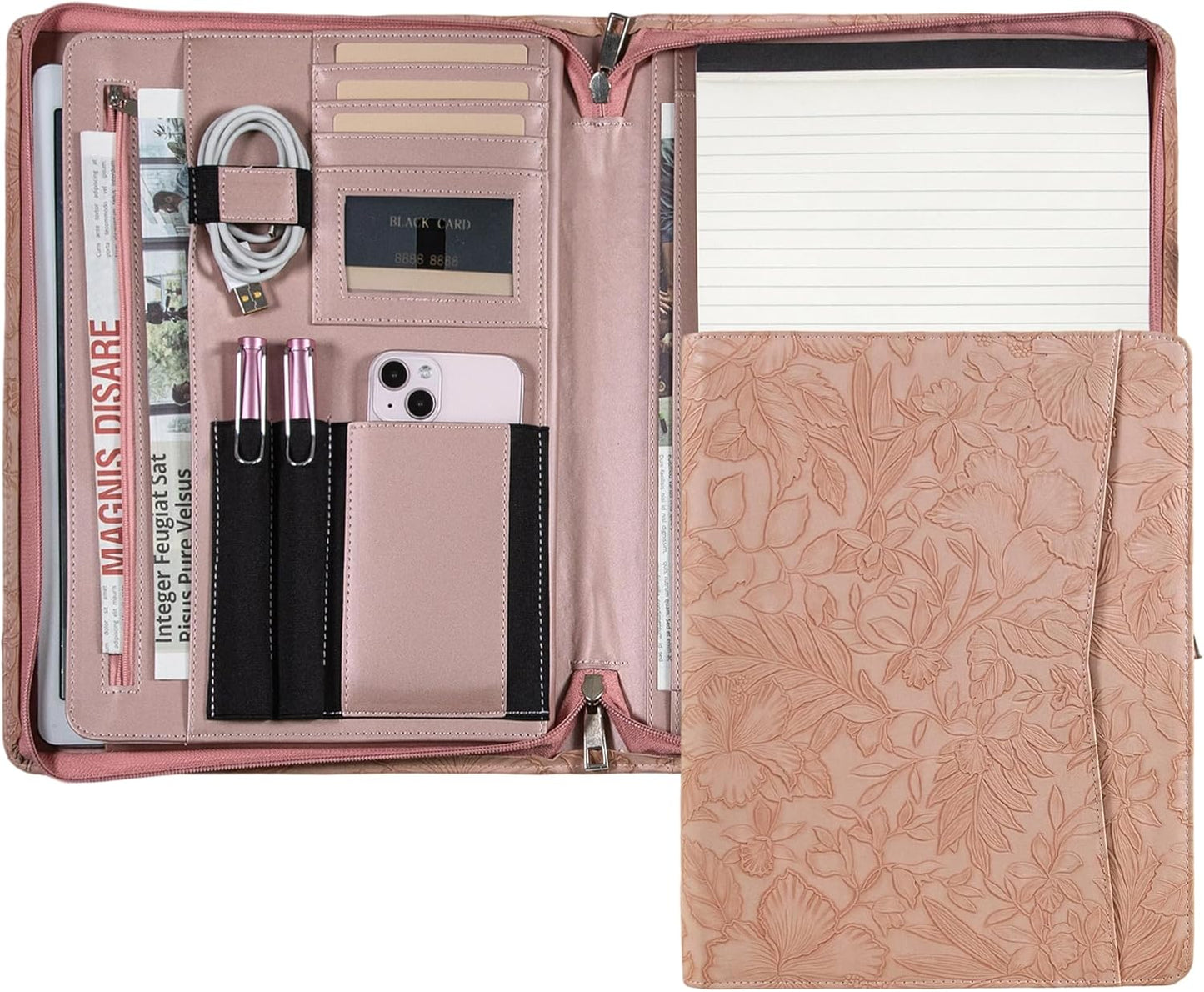 Generic Zippered Leather Padfolio Portfolio with Hidden Handle and Clipboard, Business Conference Organizer Notepad Folder, Portfolio Bag, Padfolio for Women/Men (Pink)