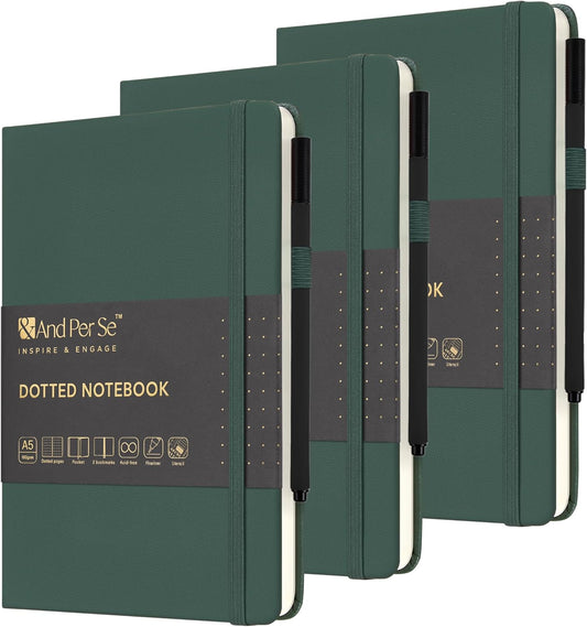 &And Per Se Dotted Journal Notebook Set (3 Packs), A5 Hardcover Dotted Notebook, 176 Numbered Pages Bullet Journaling Kit, 2 Stencil Sheets and 1 Fineliner Pen Included - 5.7'' x 8'' (Green)
