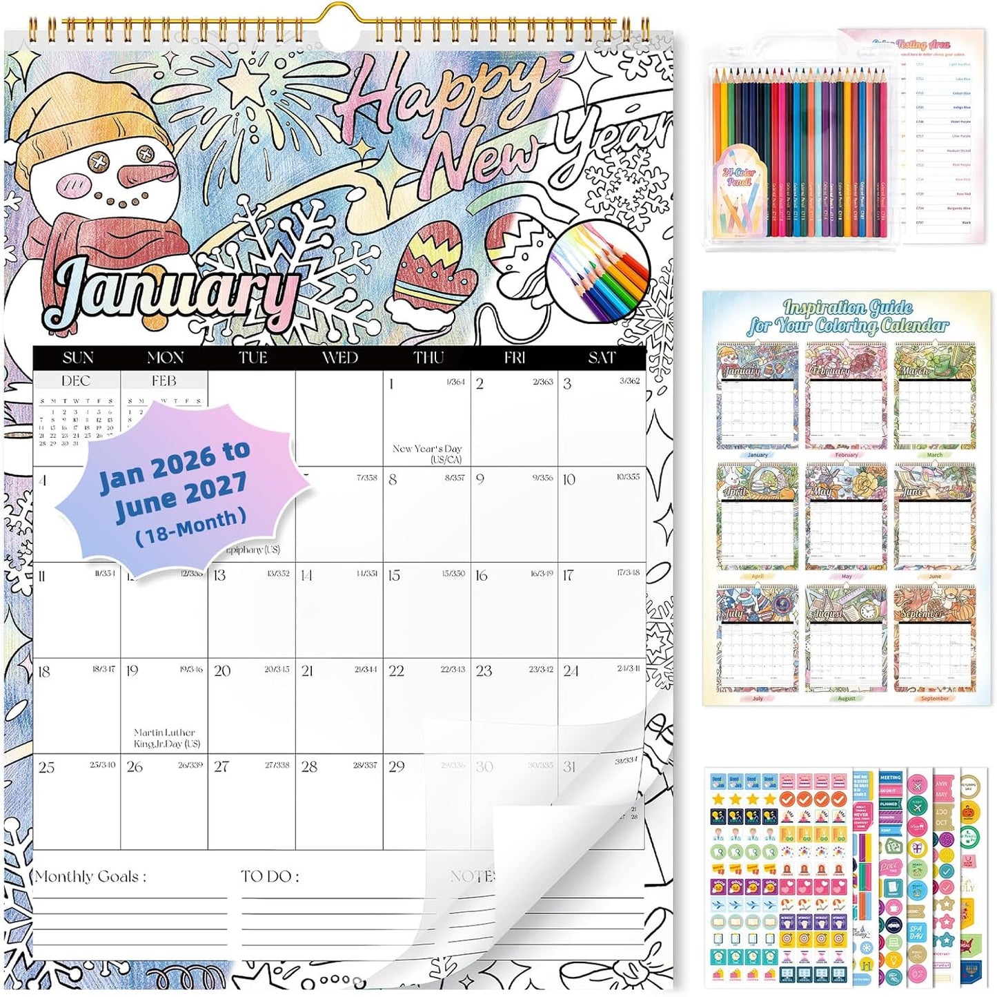 Ospelelf 2026 Wall Calendar 12'' x 17'' Family Coloring Calendar for Adults, Kids, Monthly Calendar Planner with Plastic Cover, 18 Month Calendars, Use Jan 2026 - June 2027, Season