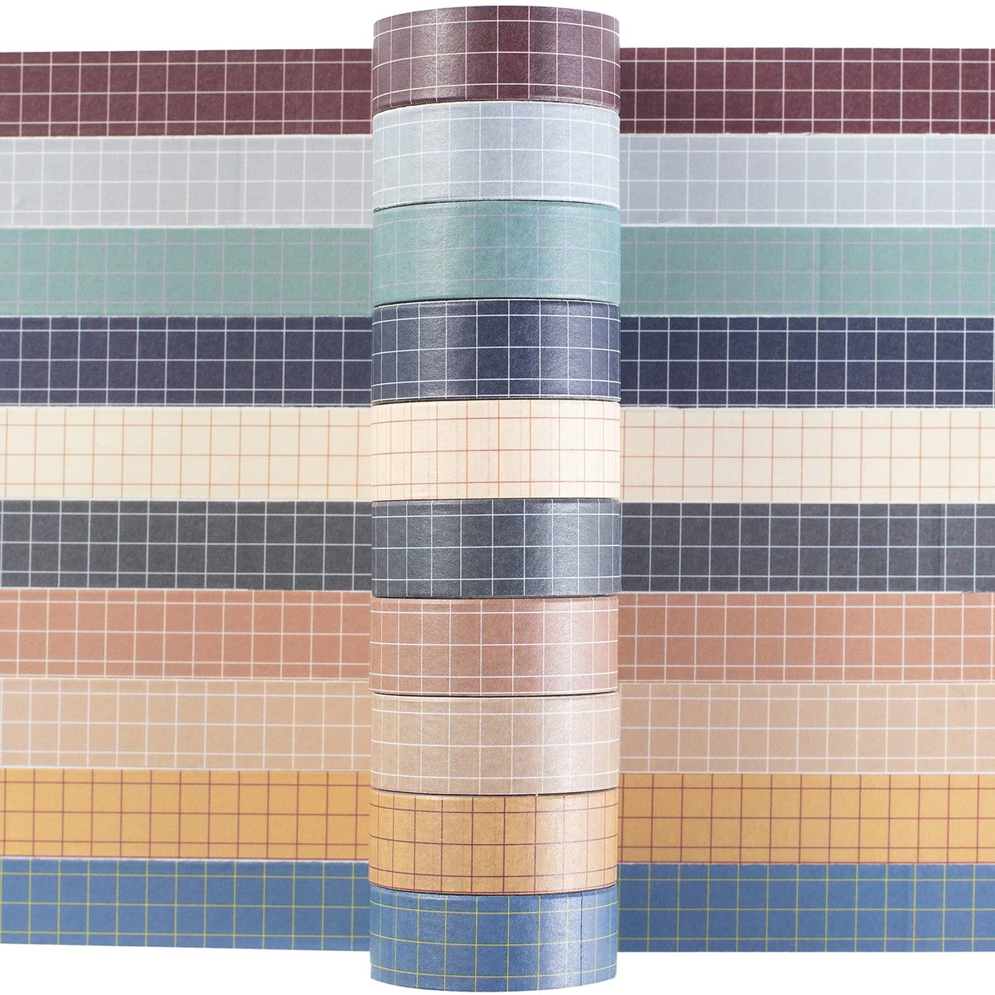 Grid Washi Tape Set 10 Rolls Plaid Decorative Tapes for Journals, Planners, Scrapbooking, Gift Wrapping, DIY Crafts (Fog City)