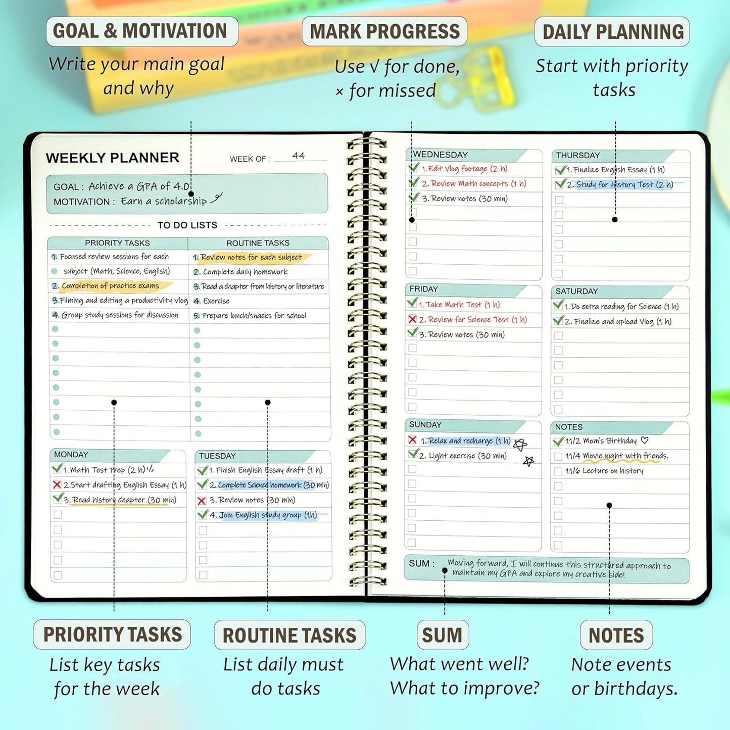 Undated Weekly Planner, 10.7'' x 7.2'' Undated Planner with Goal & Habit Tracker Organizer, B5 Weeks To Do List Notebook,Homework Planners- Black