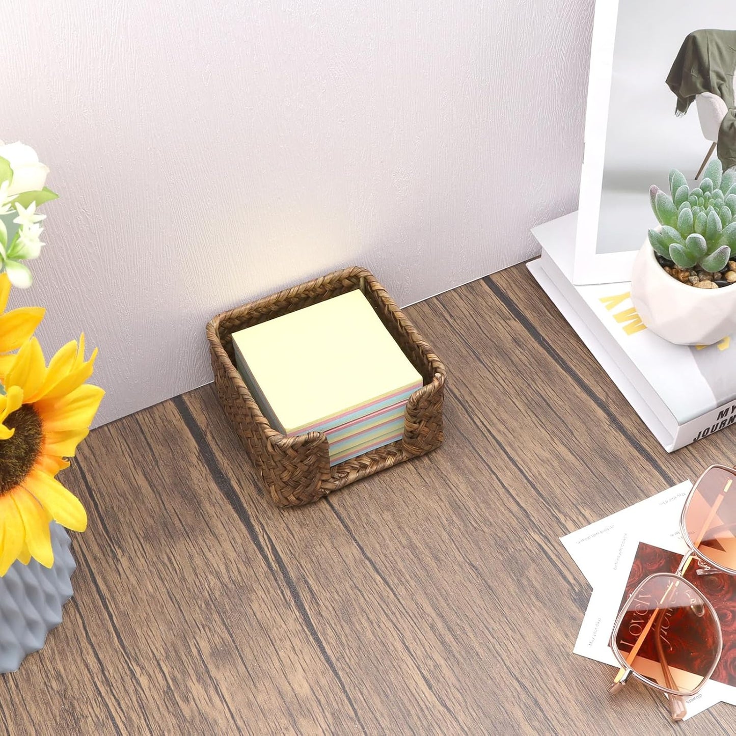 Sticky Note Holder Seagrass Post It Note Dispenser, 3 x 3 Inch Woven Sticky Note Dispenser, Farmhouse Post It Holder for Desk Home Office Decor, Coffee