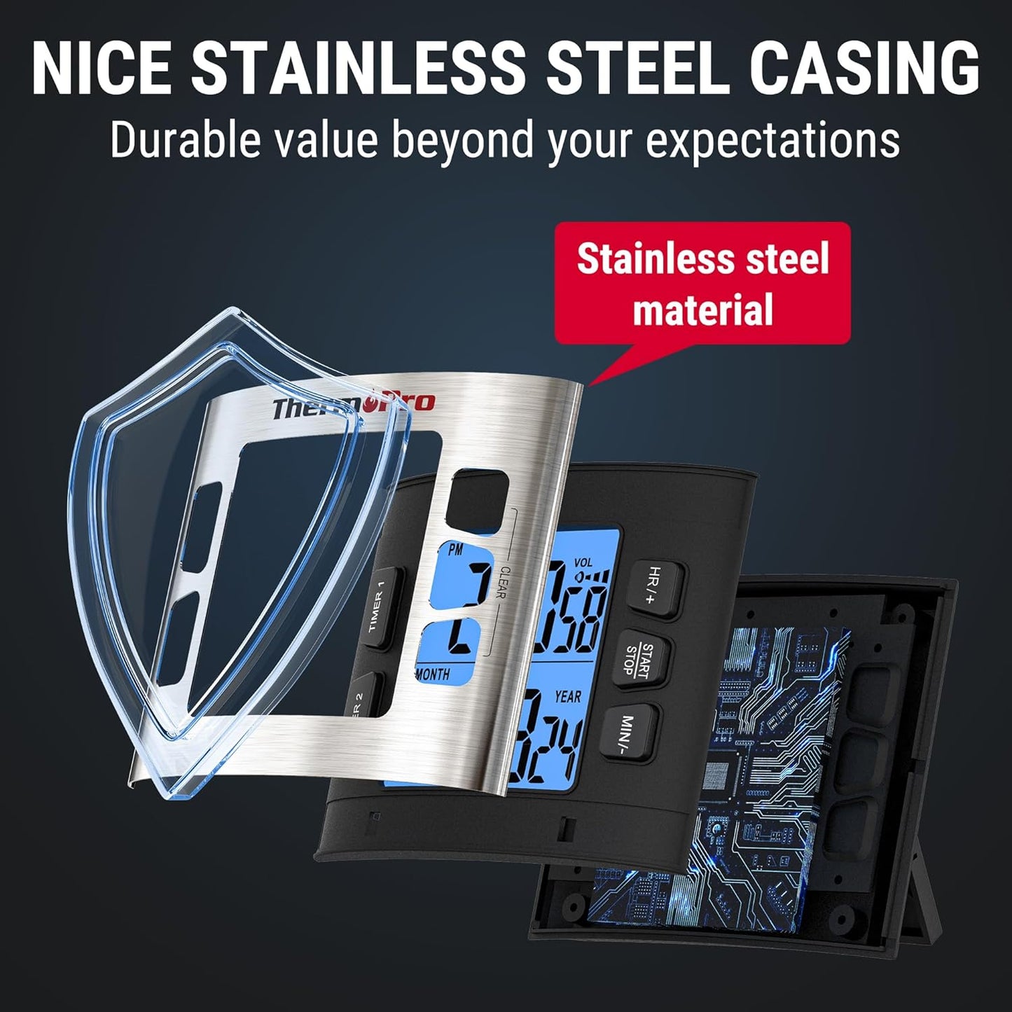 ThermoPro TM02 Digital Kitchen Timer - Dual Countdown Function with Magnetic Backing, Adjustable Alarm & Backlit LCD Display, Ideal for Cooking, Baking and as 24-Hour Shower Clock for Kids