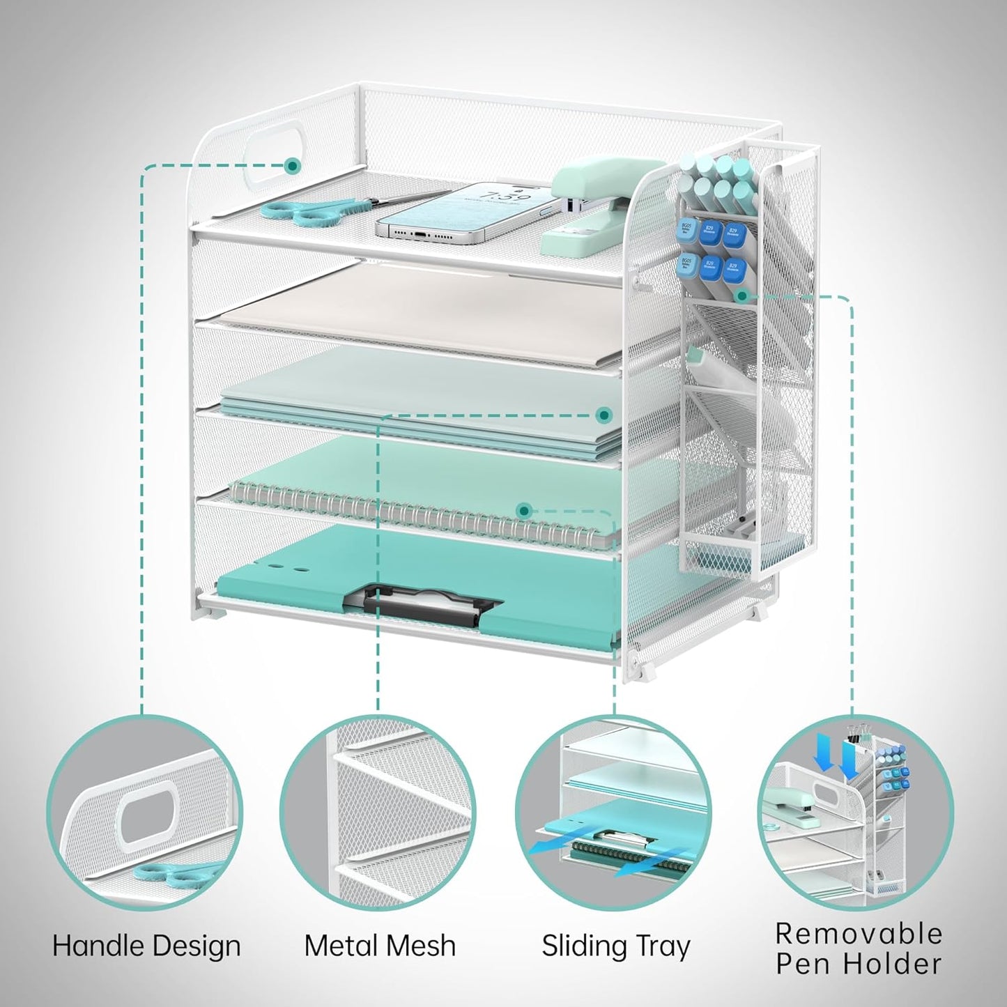 SUPEASY 5 Tier Desk Organizer with Handle & Removable Pen Holders, Mesh Paper/File Organizer for Desk, Paper Letter Tray Organizer for Office Supplies (White)