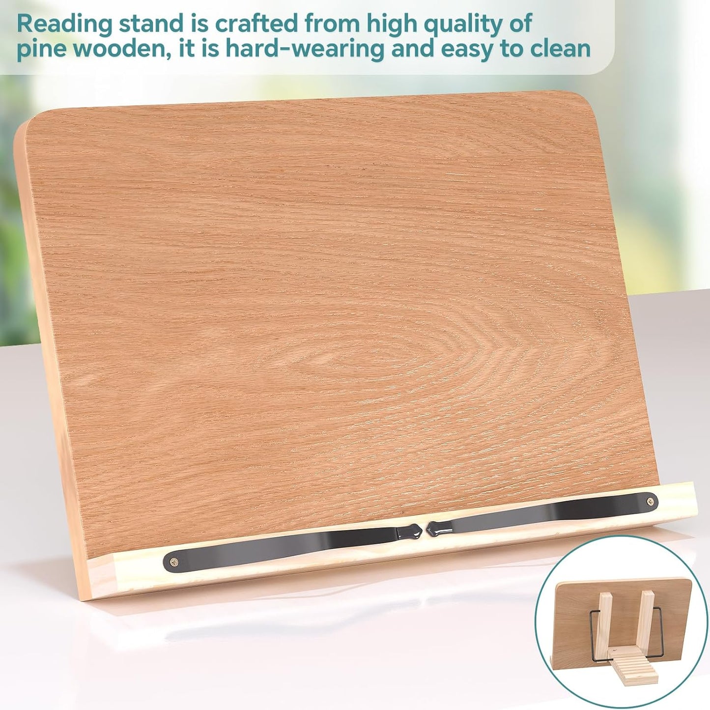 Book Reading Stand,8 Adjustable Height Holder Tray with Elastic Page Paper Clips for Textbook/Cookbook/Music Scores/Tablet/Laptop,Lightweight Reading Hands Free Desktop Document Book Mount