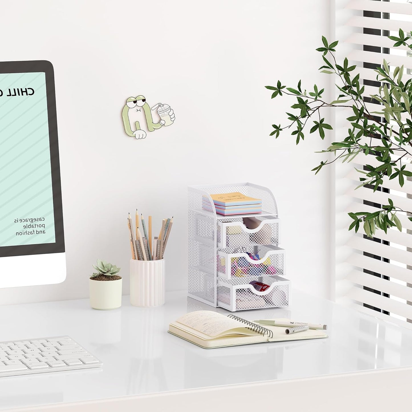 EasyPAG Mesh Desk Organizer with 3 Drawer Office Desktop Organizers and Accessories Stationery Caddy for Office, Home, Students, White